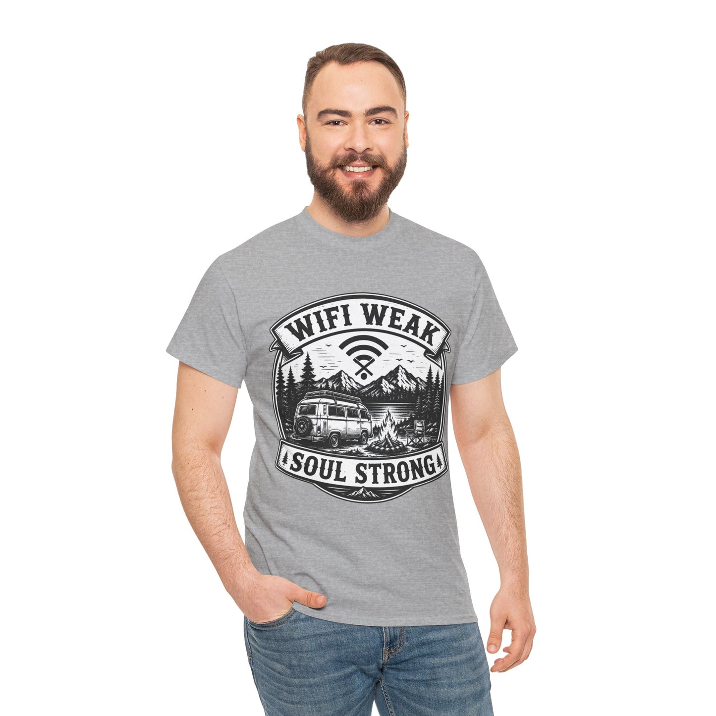 Camping T-Shirt — "WiFi Weak, Soul Strong" Retro Outdoor Adventure Tee