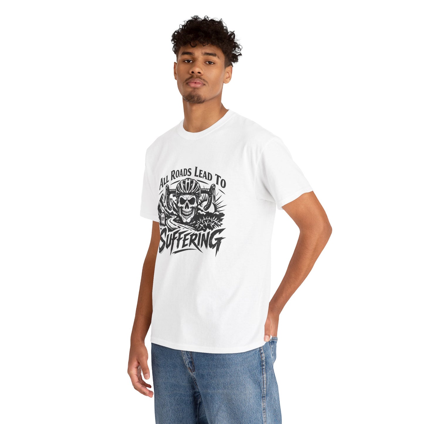 Skull Biker Tee — "All Roads Lead to Suffering" Graphic T‑Shirt