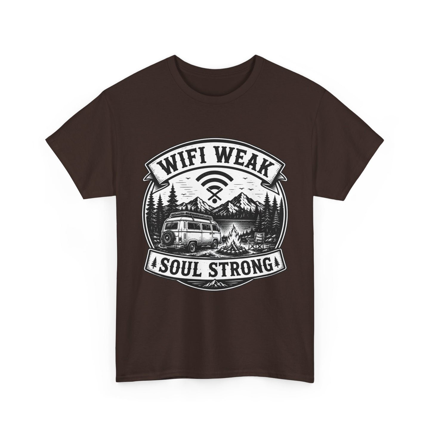 Camping T-Shirt — "WiFi Weak, Soul Strong" Retro Outdoor Adventure Tee