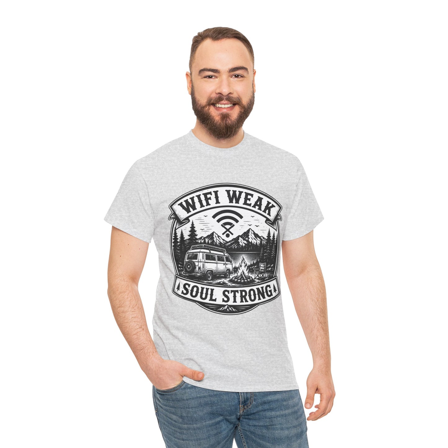 Camping T-Shirt — "WiFi Weak, Soul Strong" Retro Outdoor Adventure Tee