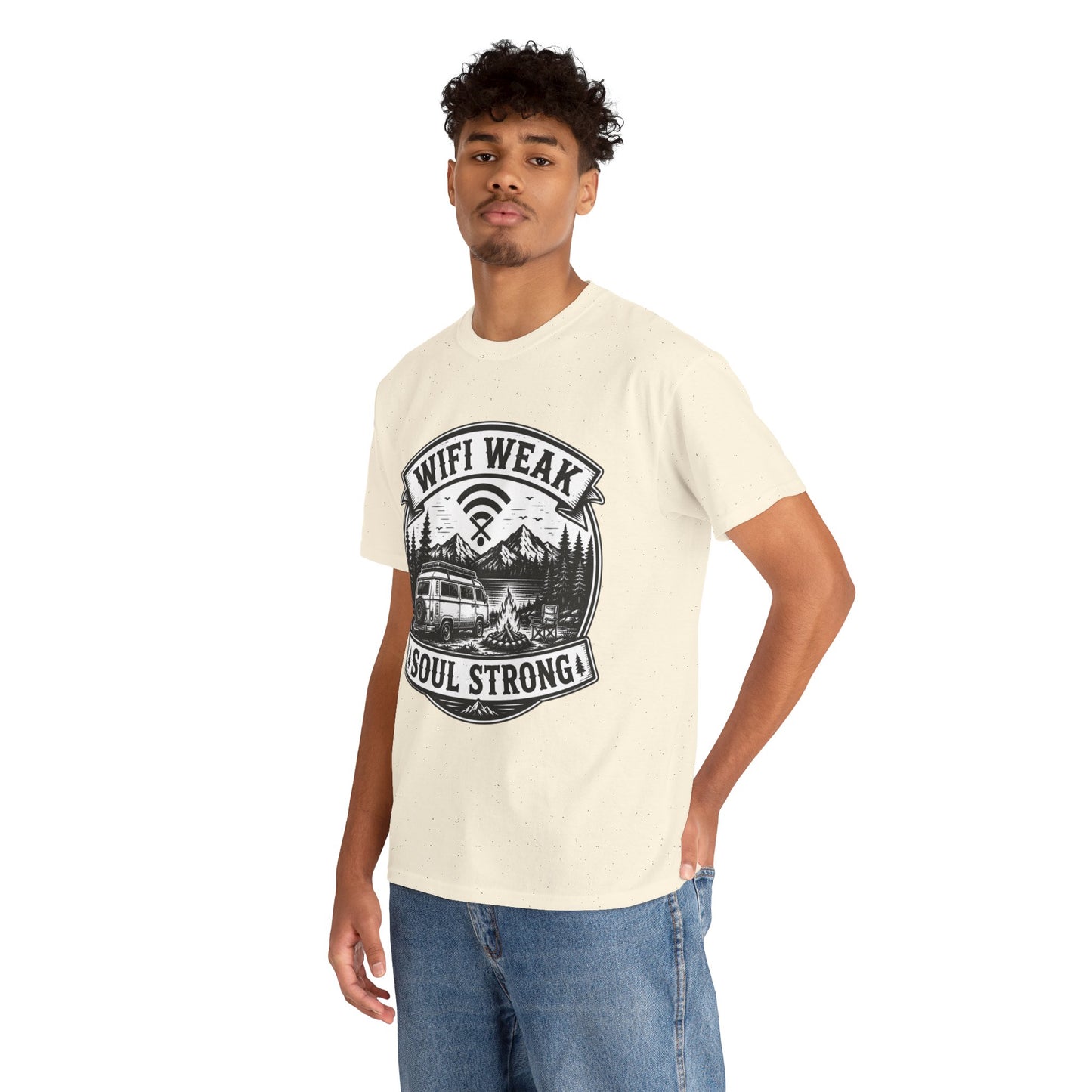 Camping T-Shirt — "WiFi Weak, Soul Strong" Retro Outdoor Adventure Tee