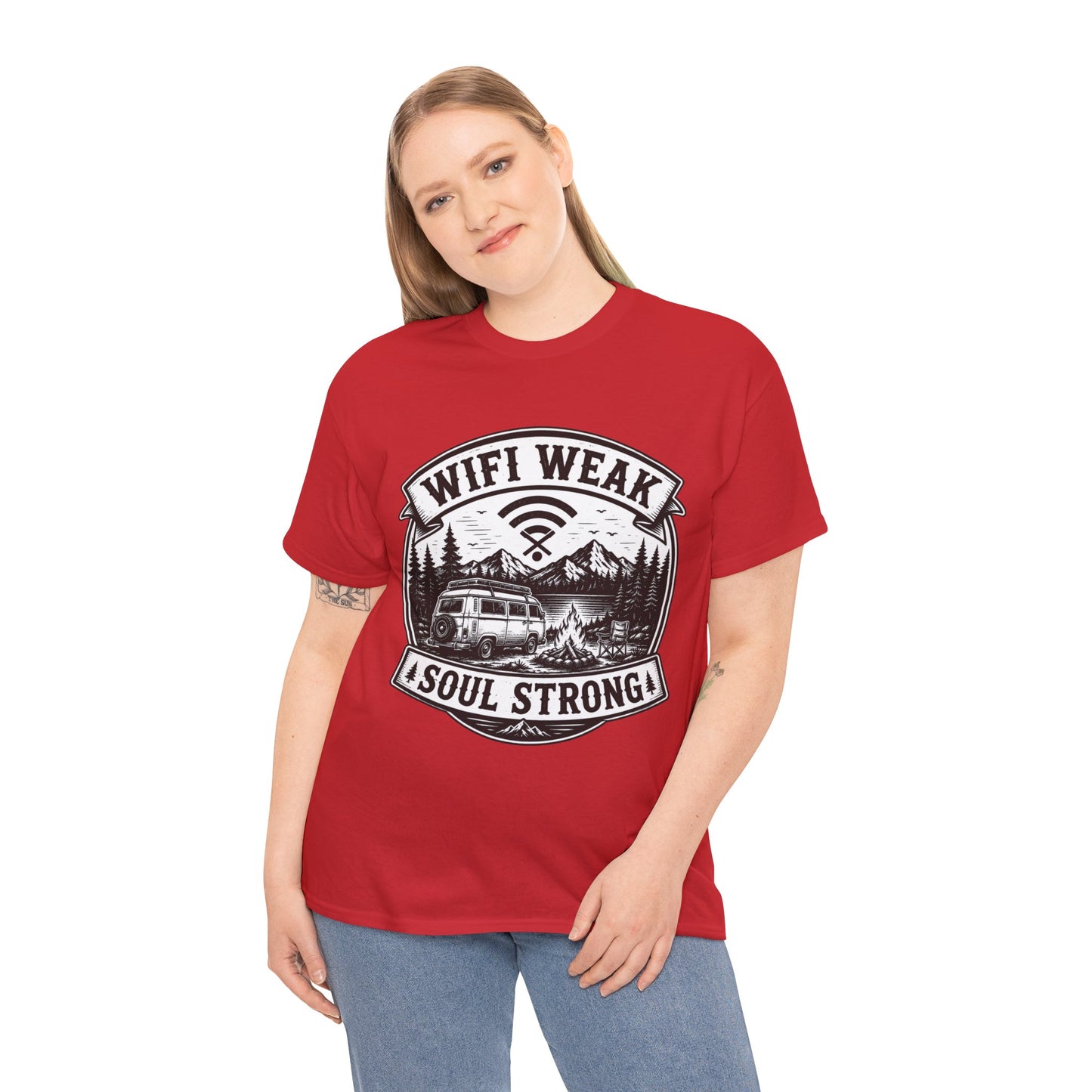 Camping T-Shirt — "WiFi Weak, Soul Strong" Retro Outdoor Adventure Tee