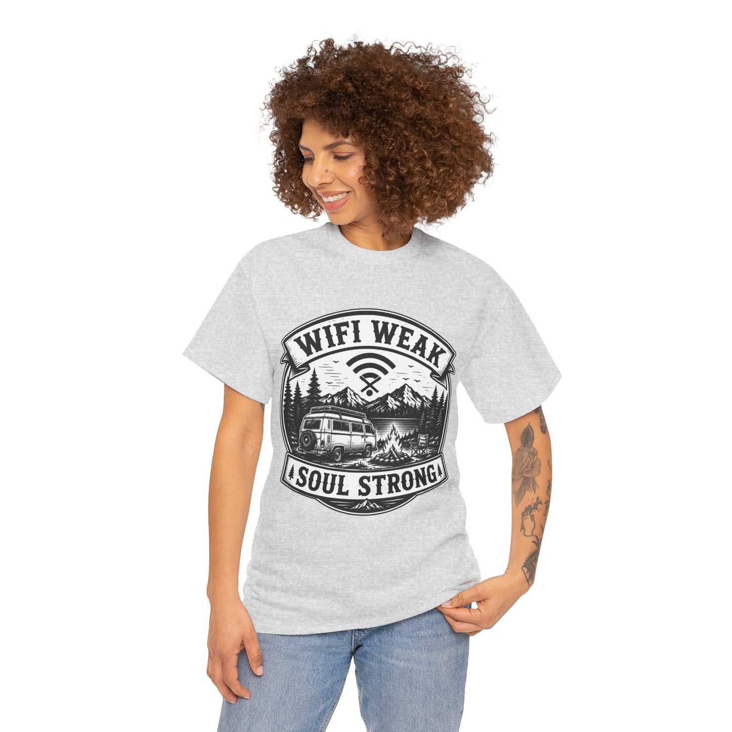 Camping T-Shirt — "WiFi Weak, Soul Strong" Retro Outdoor Adventure Tee