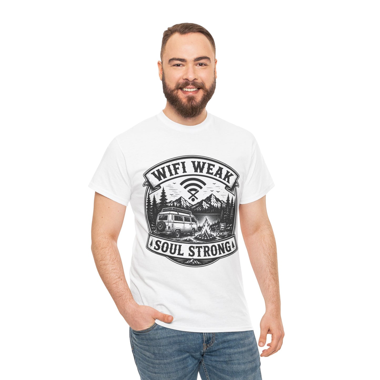 Camping T-Shirt — "WiFi Weak, Soul Strong" Retro Outdoor Adventure Tee
