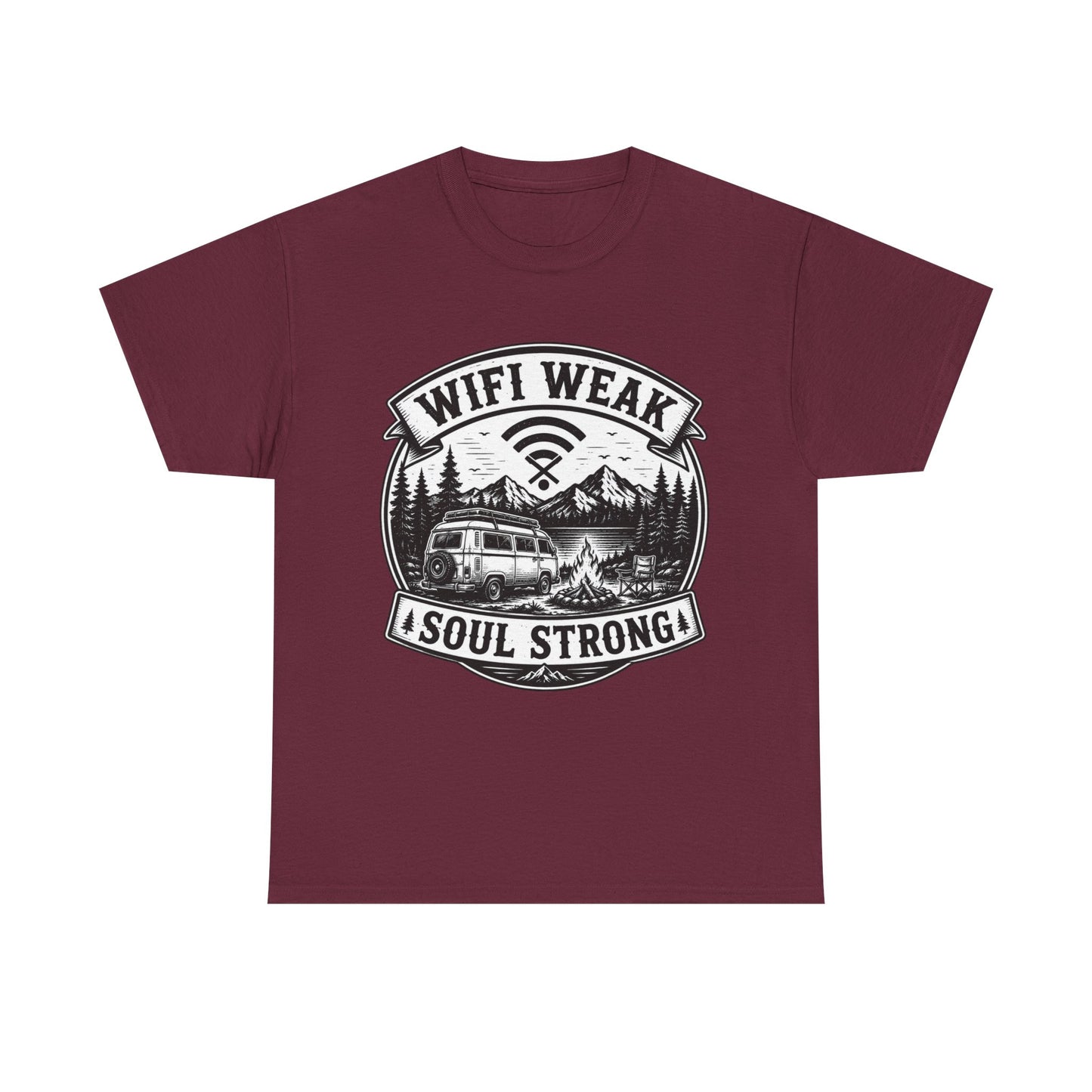 Camping T-Shirt — "WiFi Weak, Soul Strong" Retro Outdoor Adventure Tee