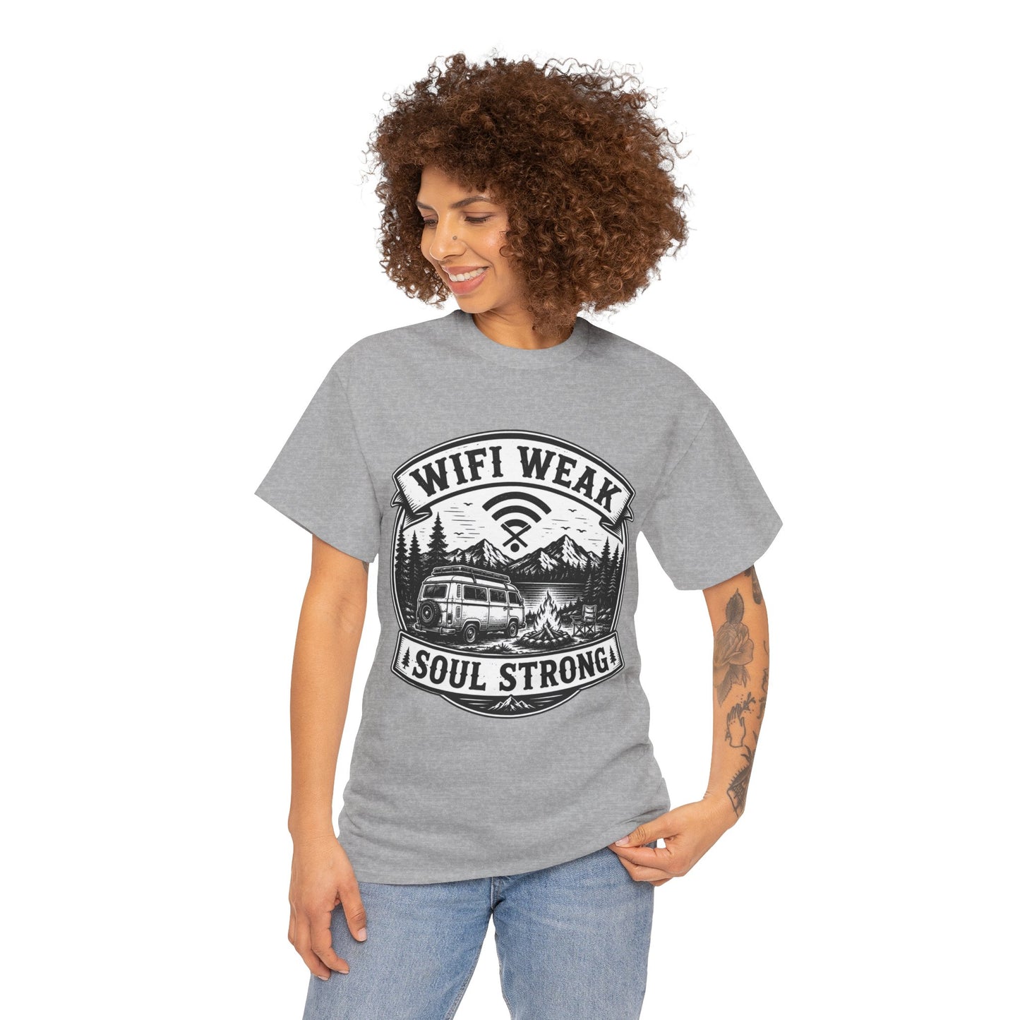 Camping T-Shirt — "WiFi Weak, Soul Strong" Retro Outdoor Adventure Tee