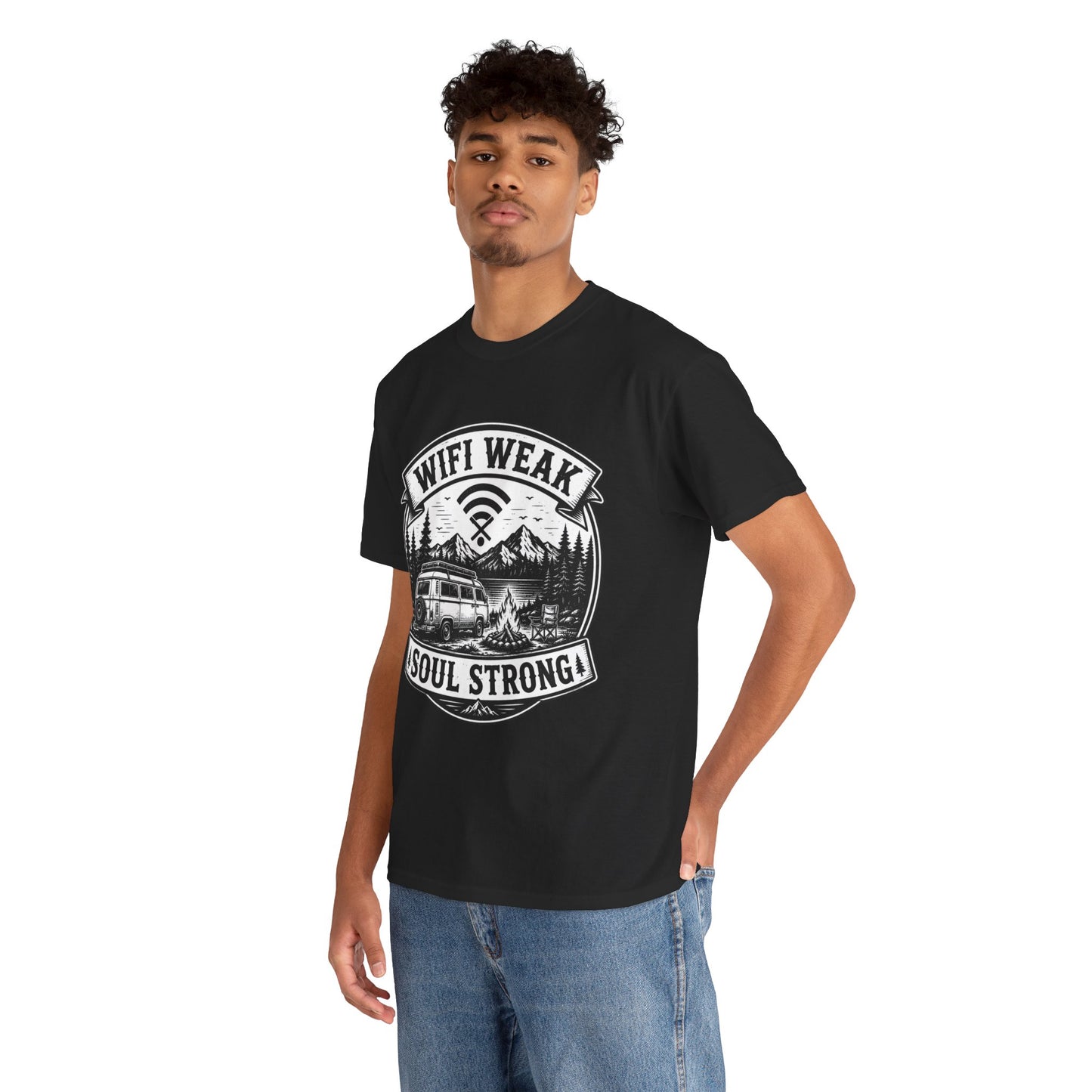 Camping T-Shirt — "WiFi Weak, Soul Strong" Retro Outdoor Adventure Tee