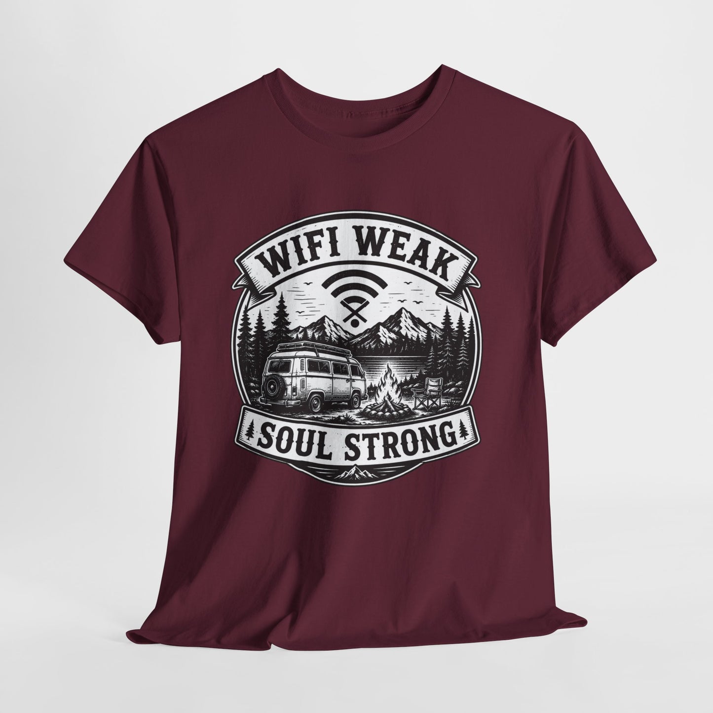 Camping T-Shirt — "WiFi Weak, Soul Strong" Retro Outdoor Adventure Tee