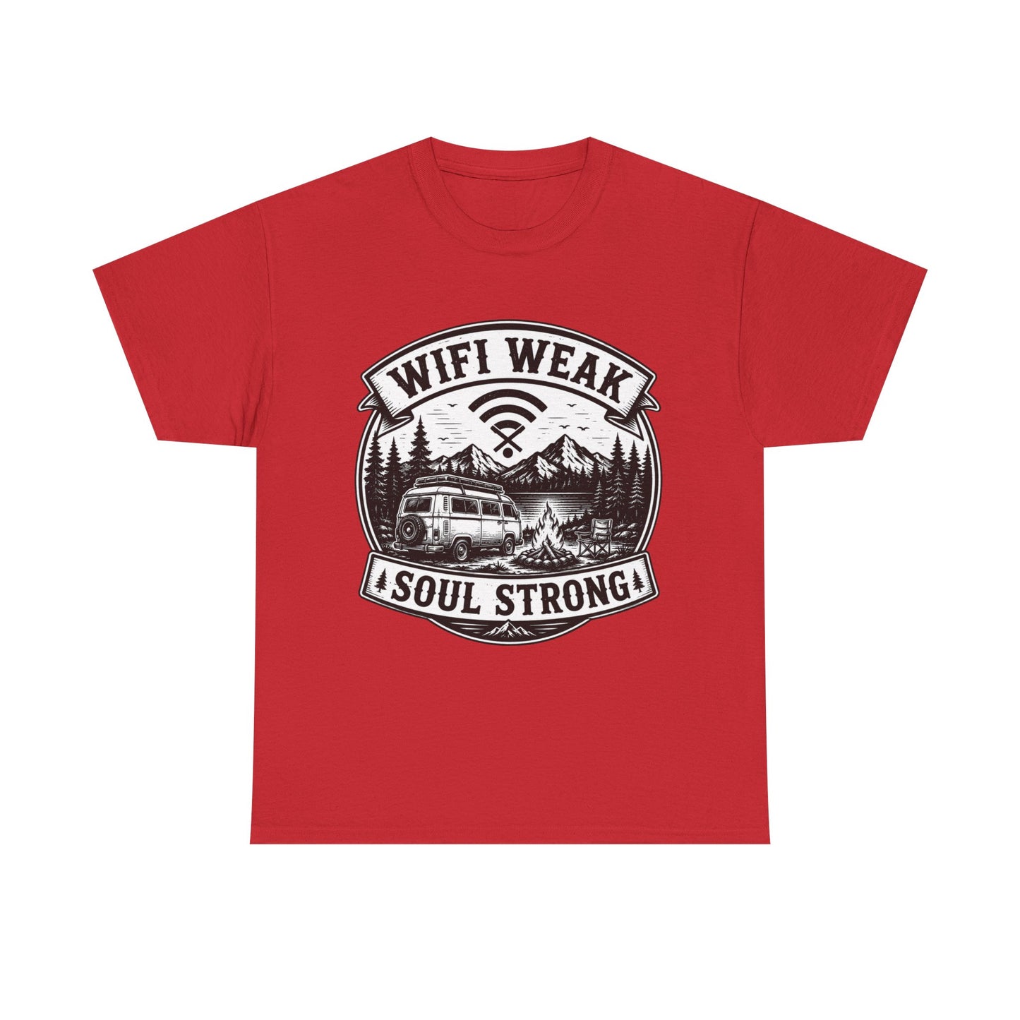 Camping T-Shirt — "WiFi Weak, Soul Strong" Retro Outdoor Adventure Tee