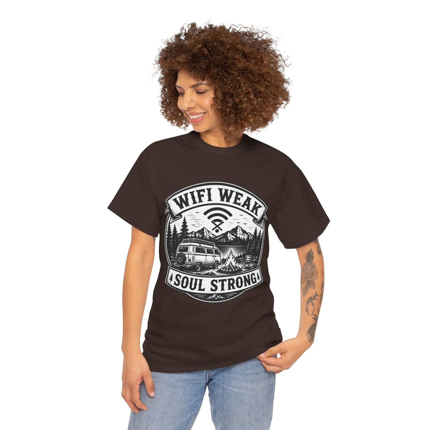 Camping T-Shirt — "WiFi Weak, Soul Strong" Retro Outdoor Adventure Tee