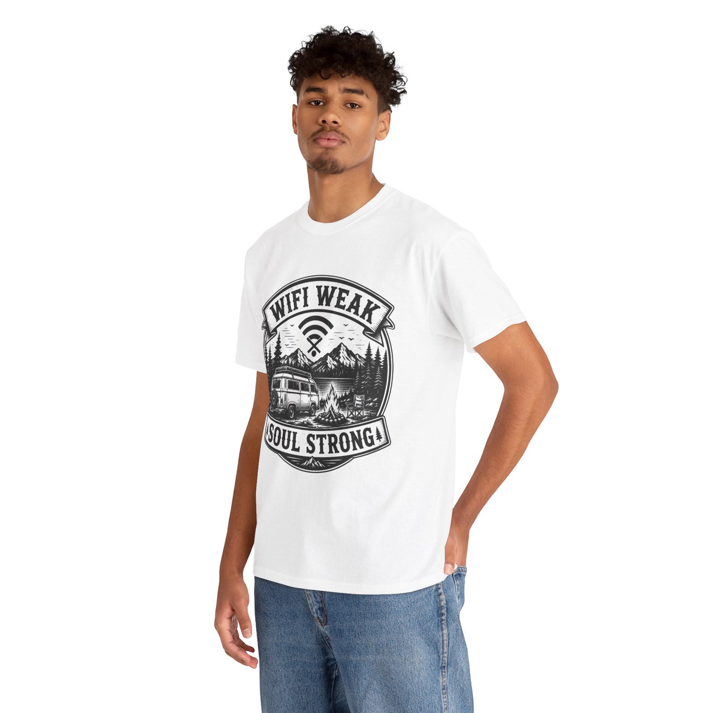 Camping T-Shirt — "WiFi Weak, Soul Strong" Retro Outdoor Adventure Tee