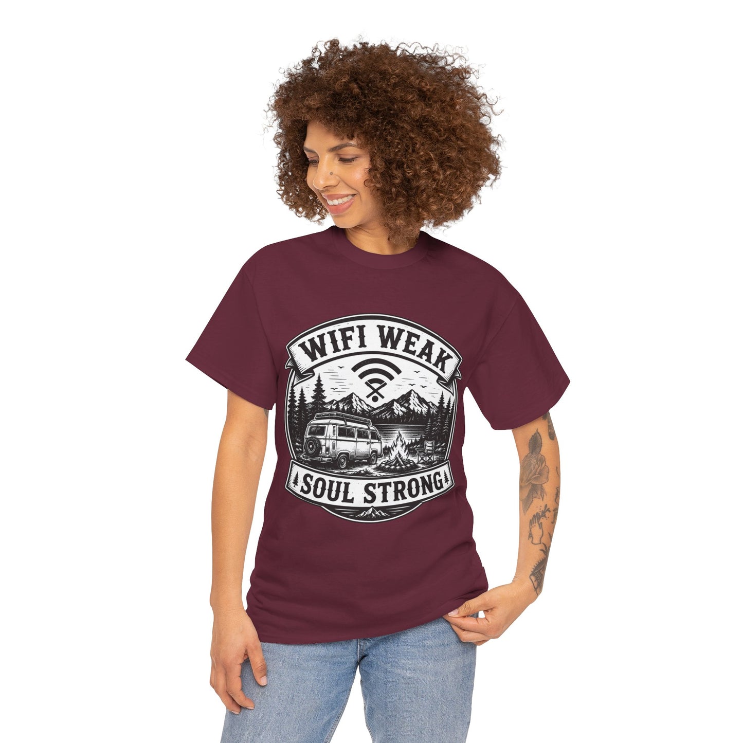 Camping T-Shirt — "WiFi Weak, Soul Strong" Retro Outdoor Adventure Tee