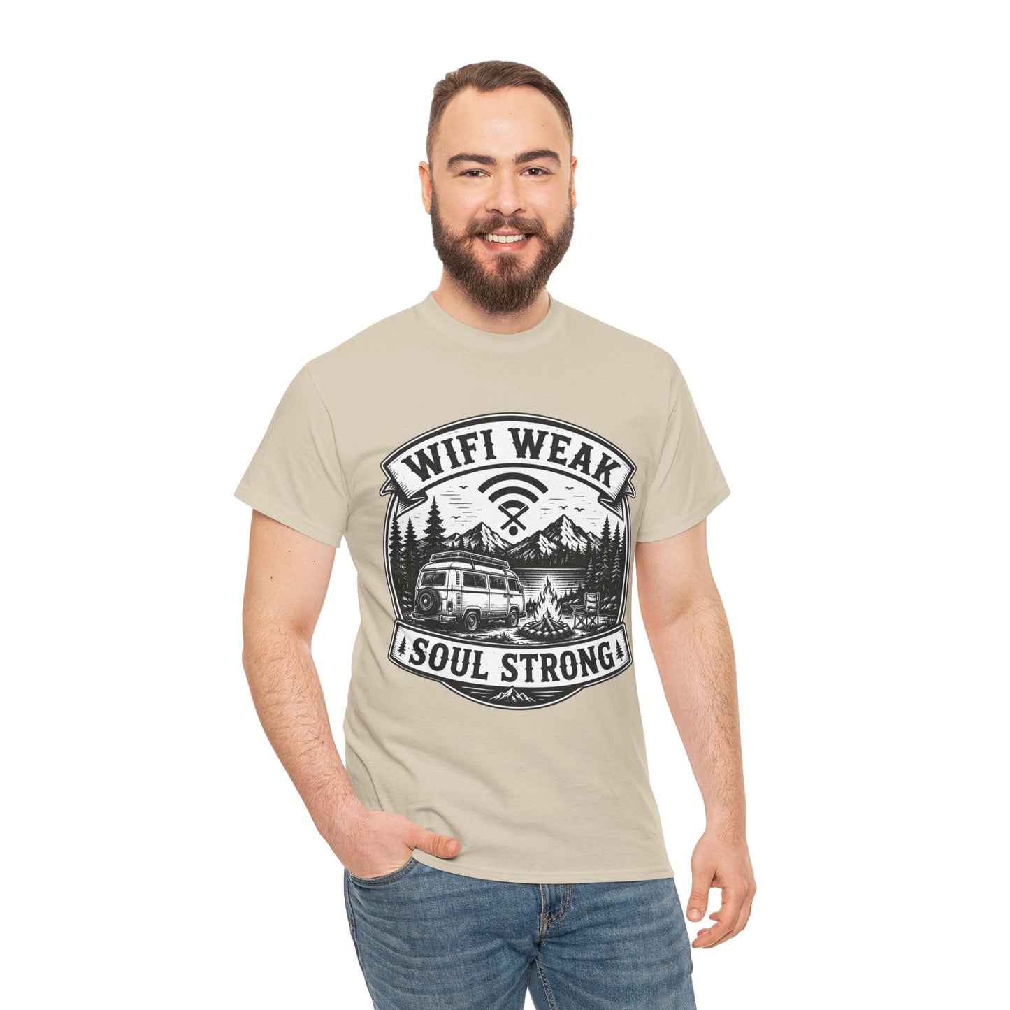 Camping T-Shirt — "WiFi Weak, Soul Strong" Retro Outdoor Adventure Tee