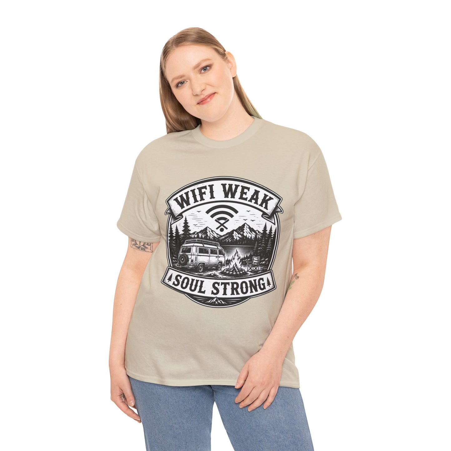 Camping T-Shirt — "WiFi Weak, Soul Strong" Retro Outdoor Adventure Tee