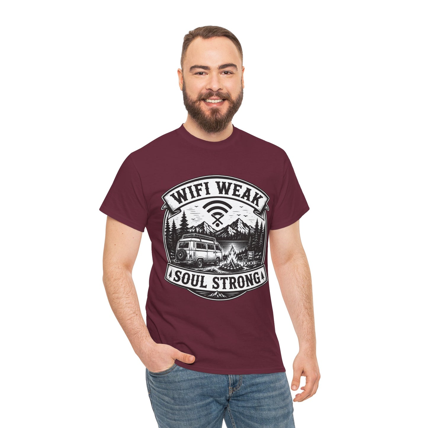 Camping T-Shirt — "WiFi Weak, Soul Strong" Retro Outdoor Adventure Tee