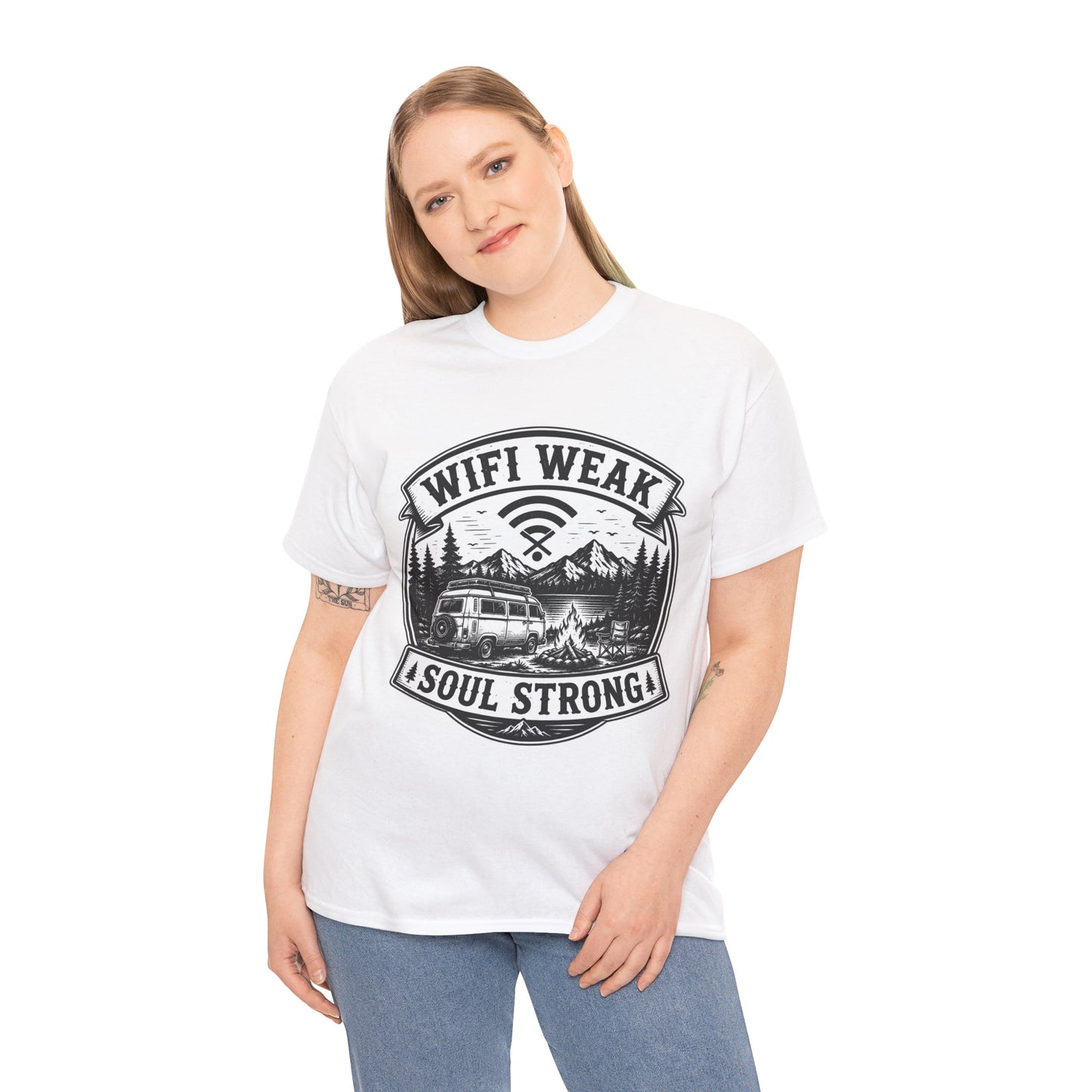 Camping T-Shirt — "WiFi Weak, Soul Strong" Retro Outdoor Adventure Tee