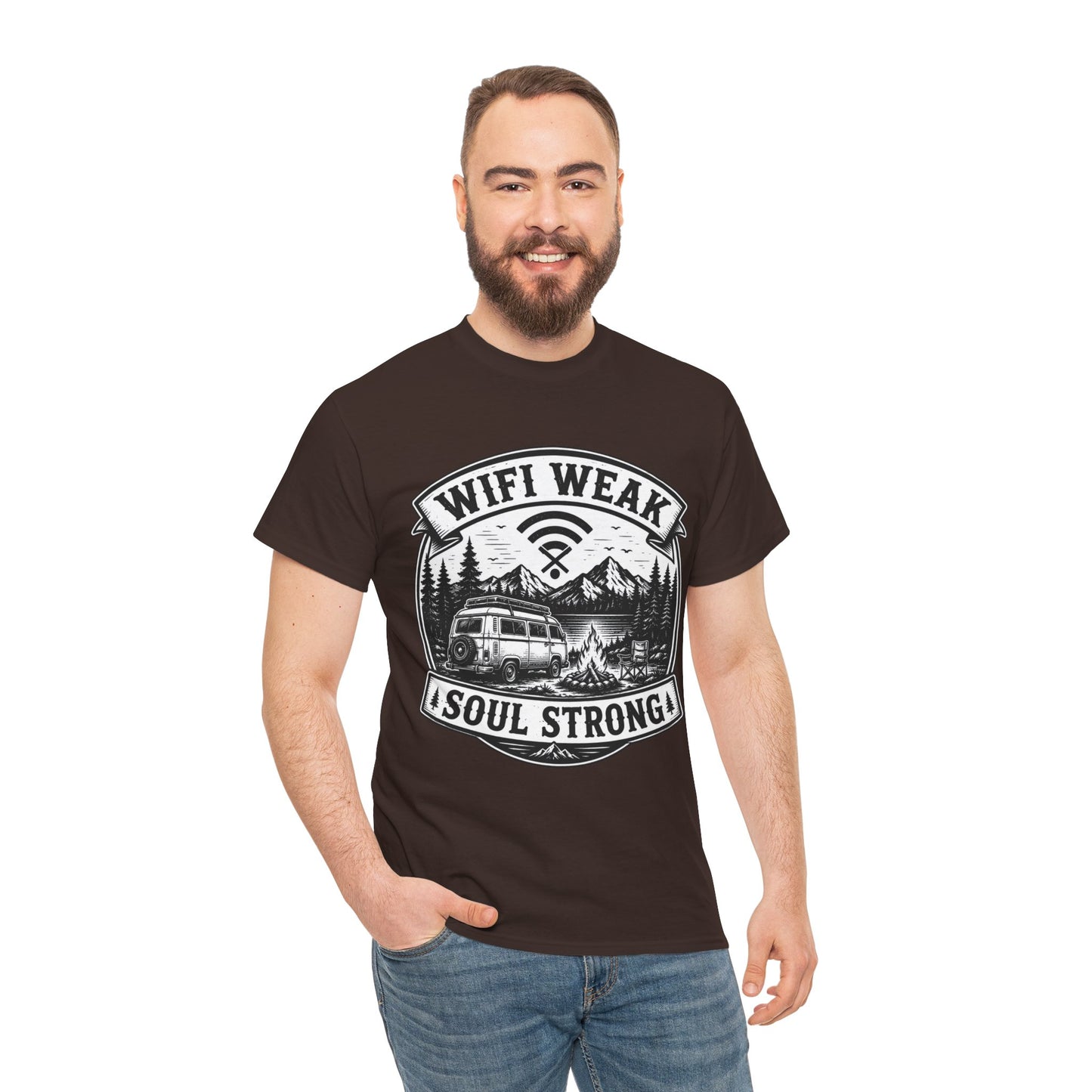 Camping T-Shirt — "WiFi Weak, Soul Strong" Retro Outdoor Adventure Tee
