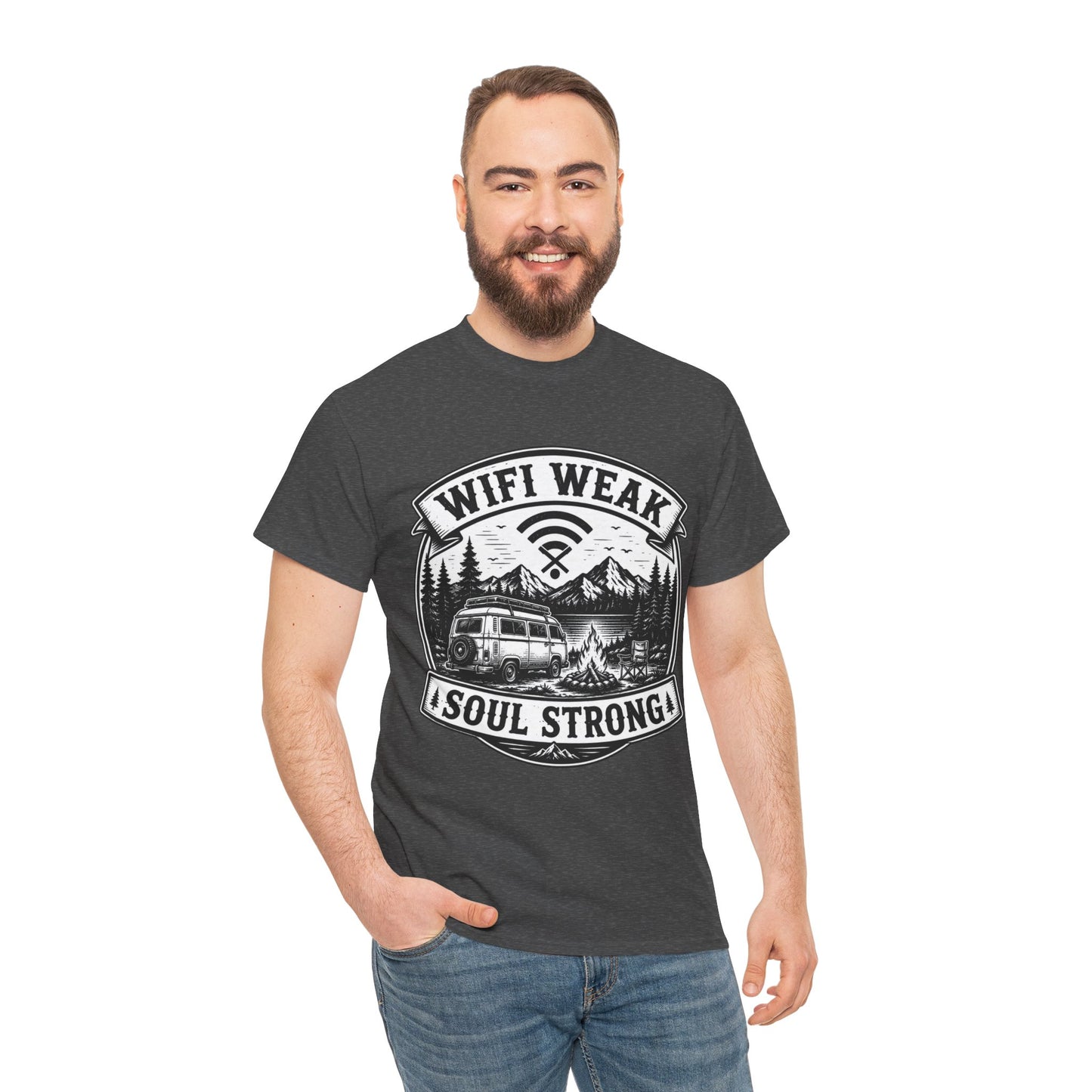 Camping T-Shirt — "WiFi Weak, Soul Strong" Retro Outdoor Adventure Tee