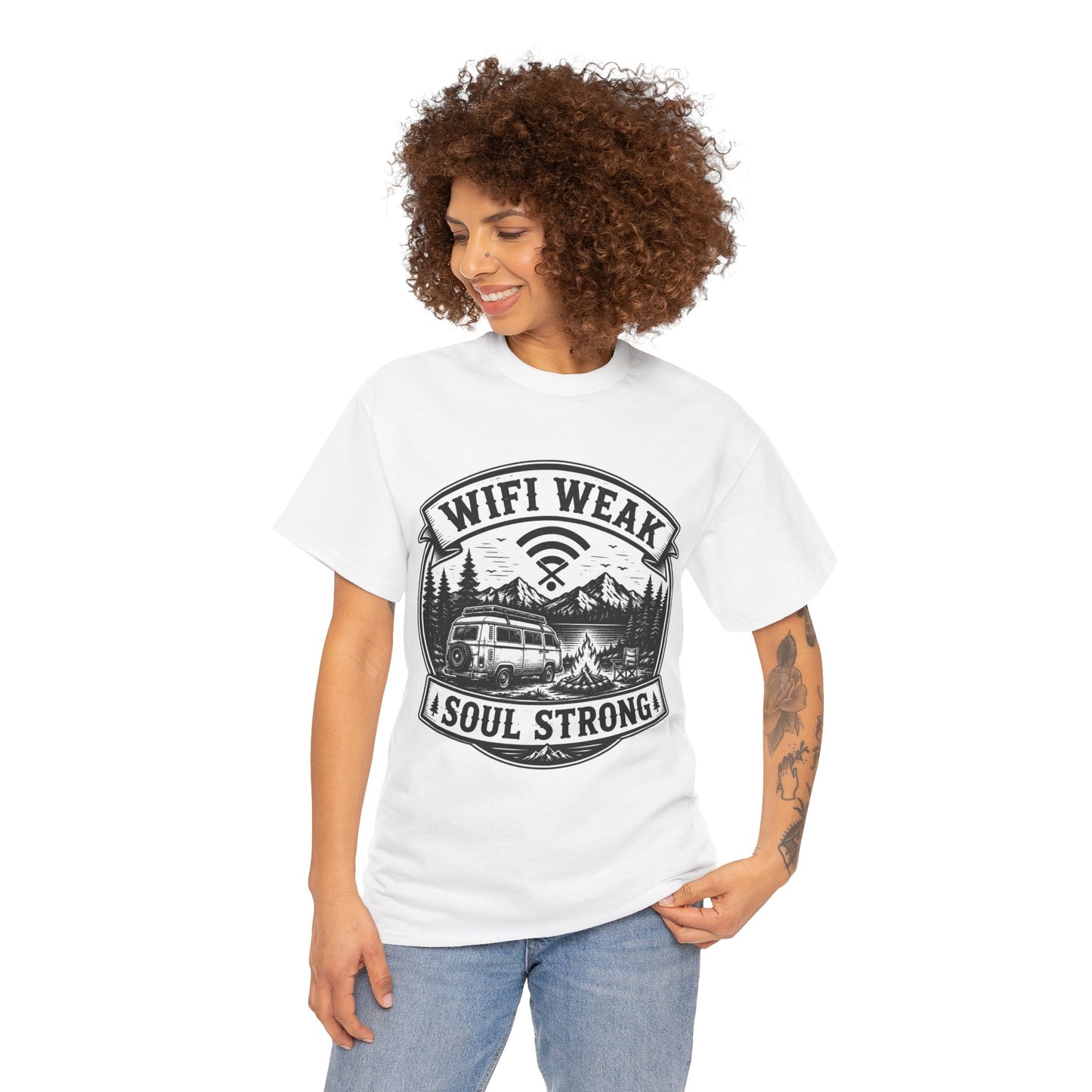 Camping T-Shirt — "WiFi Weak, Soul Strong" Retro Outdoor Adventure Tee