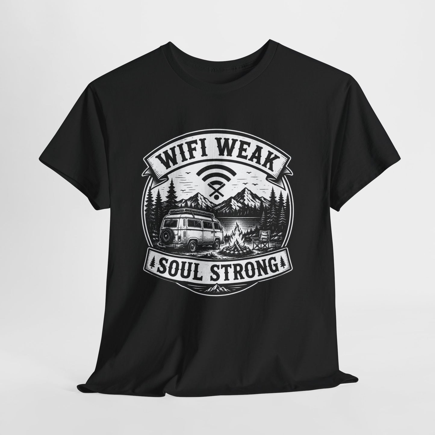 Camping T-Shirt — "WiFi Weak, Soul Strong" Retro Outdoor Adventure Tee