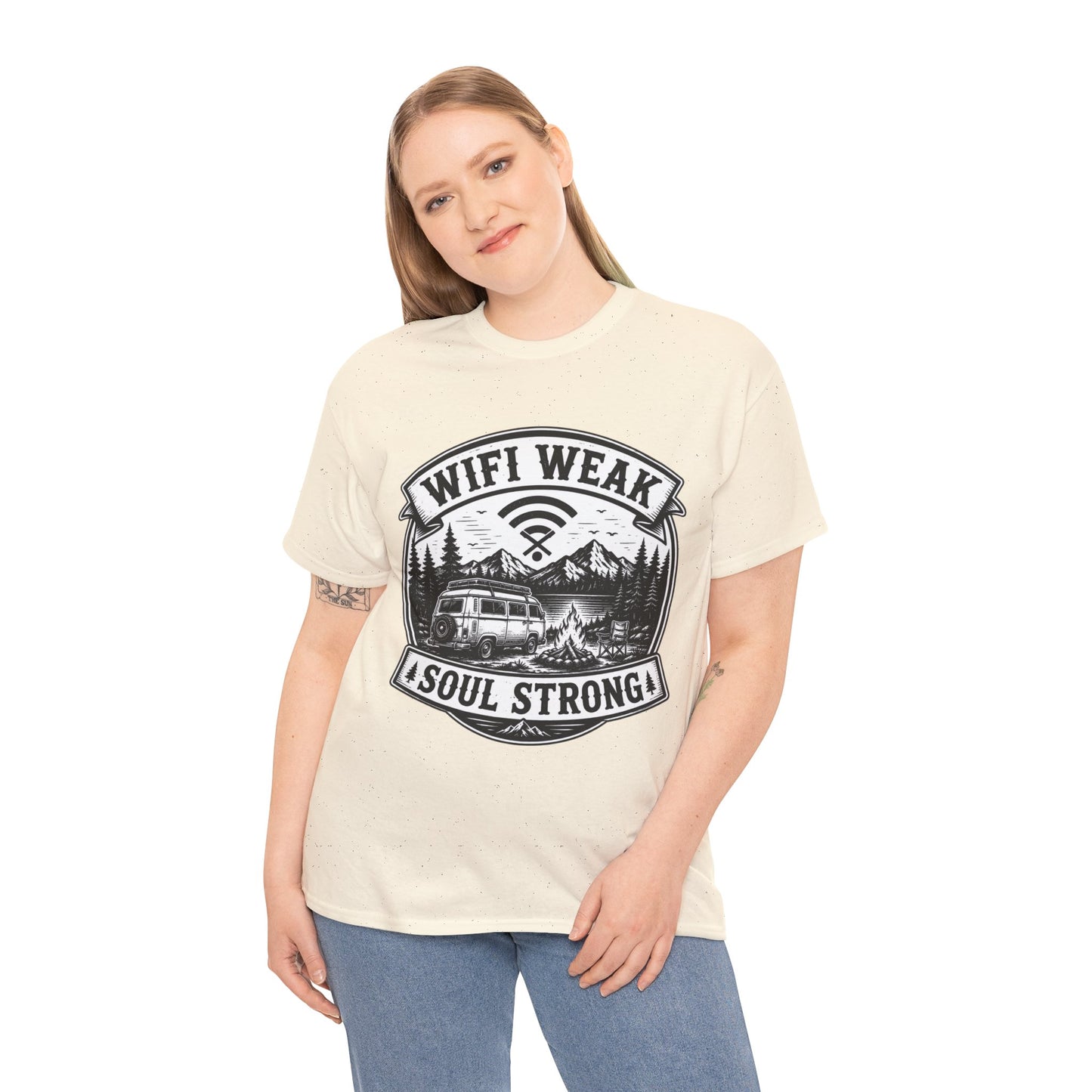 Camping T-Shirt — "WiFi Weak, Soul Strong" Retro Outdoor Adventure Tee