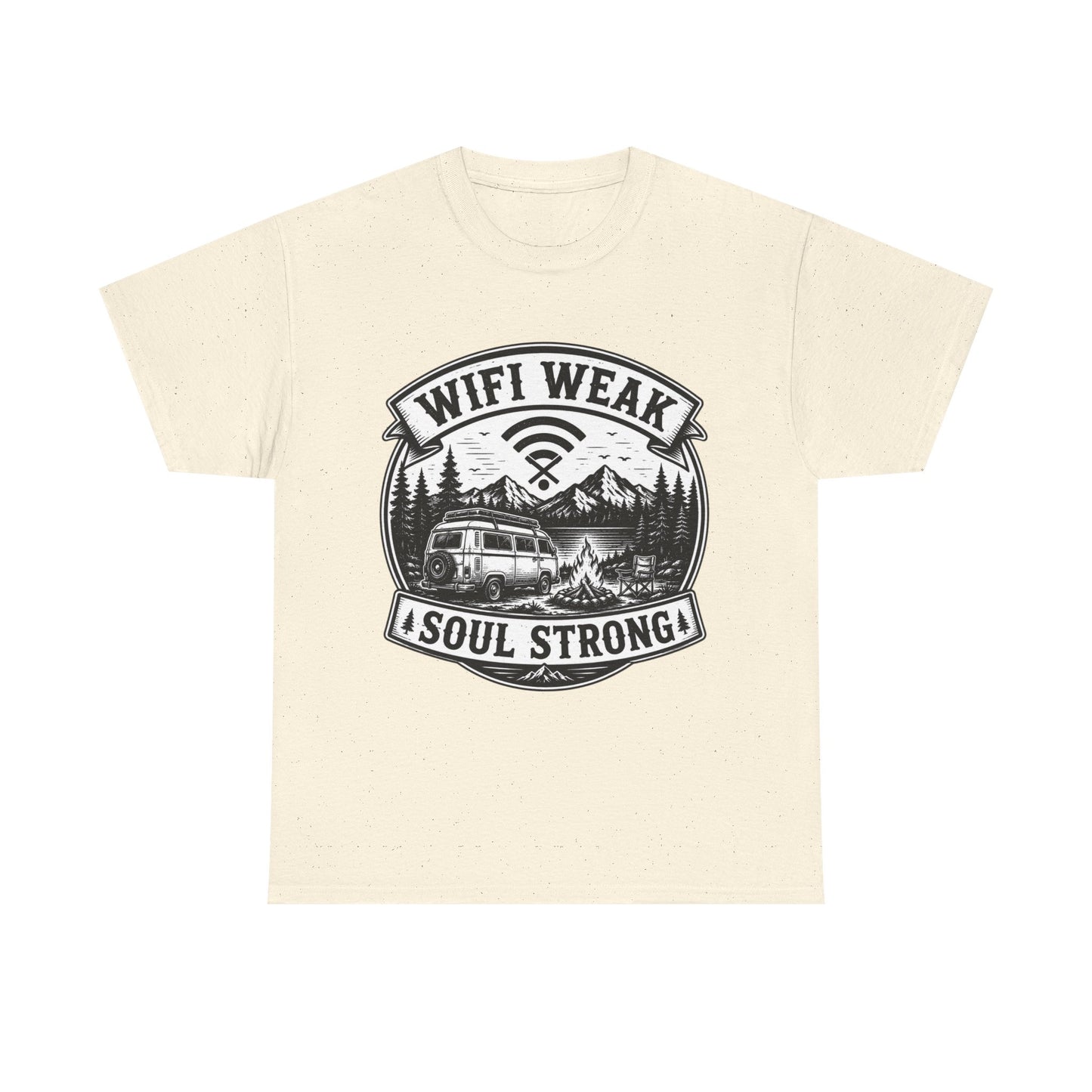 Camping T-Shirt — "WiFi Weak, Soul Strong" Retro Outdoor Adventure Tee