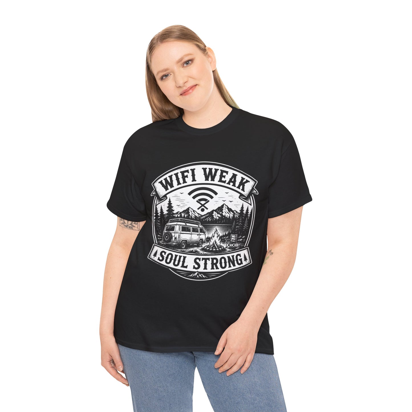 Camping T-Shirt — "WiFi Weak, Soul Strong" Retro Outdoor Adventure Tee