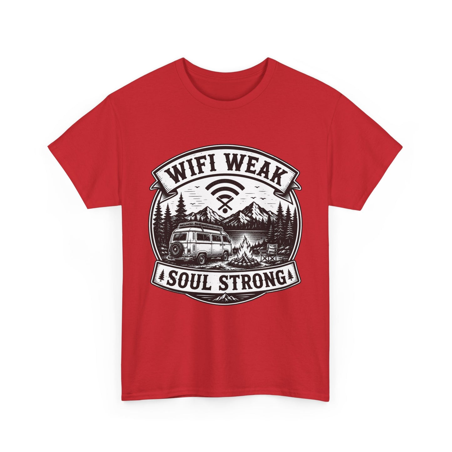 Camping T-Shirt — "WiFi Weak, Soul Strong" Retro Outdoor Adventure Tee