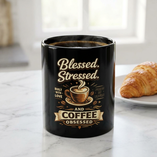Blessed Stressed and Coffee Obsessed Mug | Black Ceramic Coffee Mug