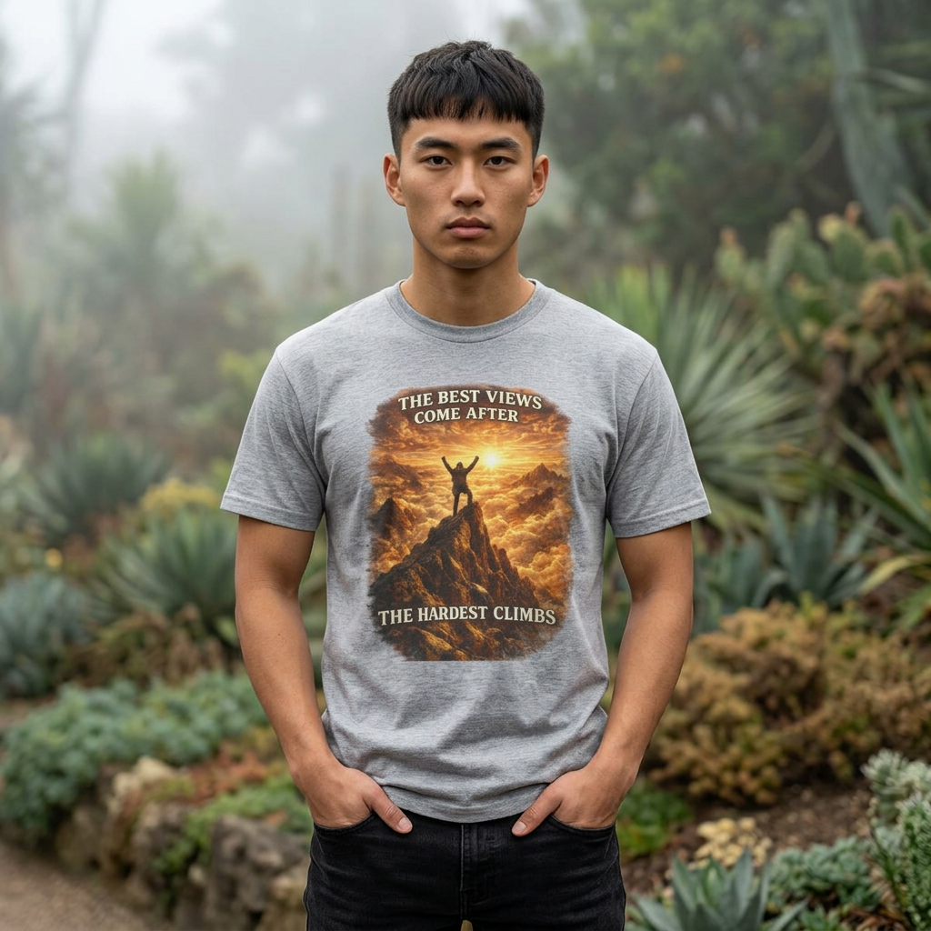 Mountain Hiking Motivation T-Shirt – “The Best Views Come After The Hardest Climbs” Adventure Tee