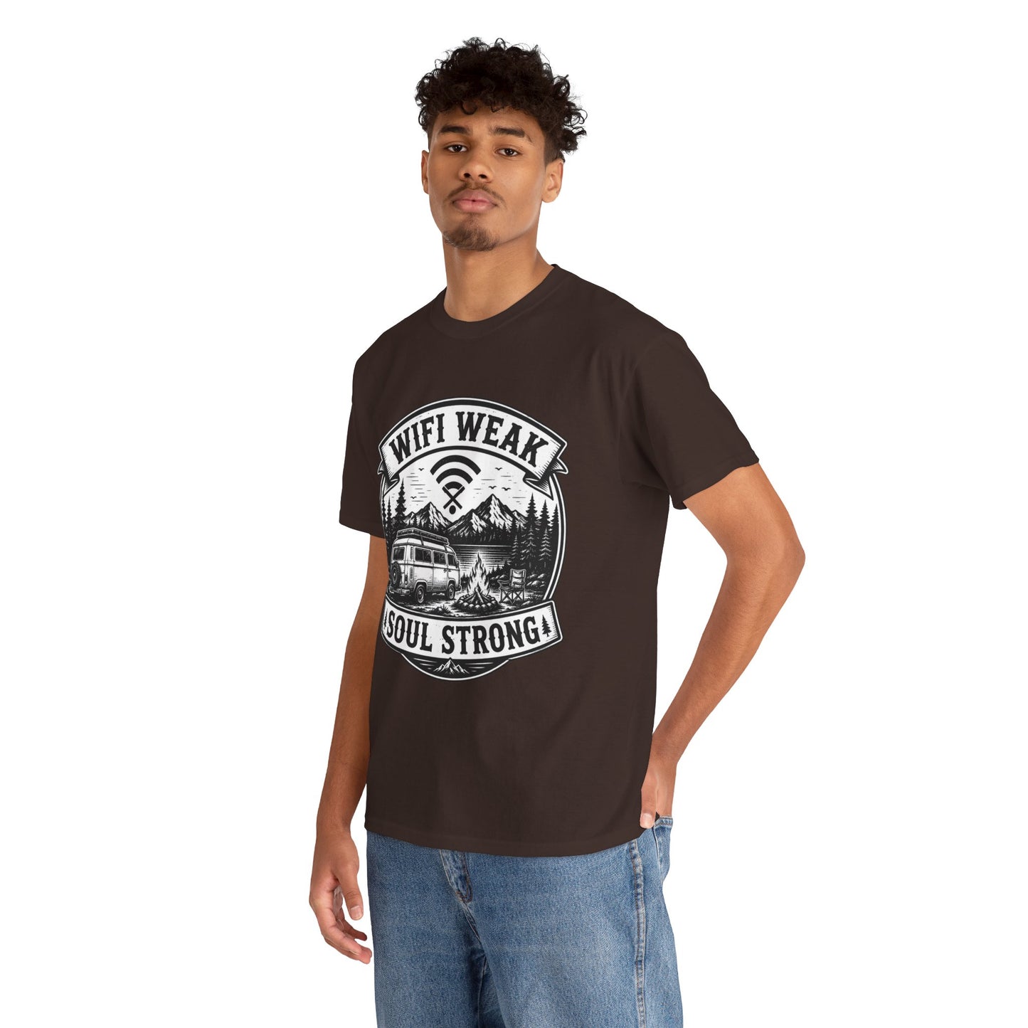 Camping T-Shirt — "WiFi Weak, Soul Strong" Retro Outdoor Adventure Tee