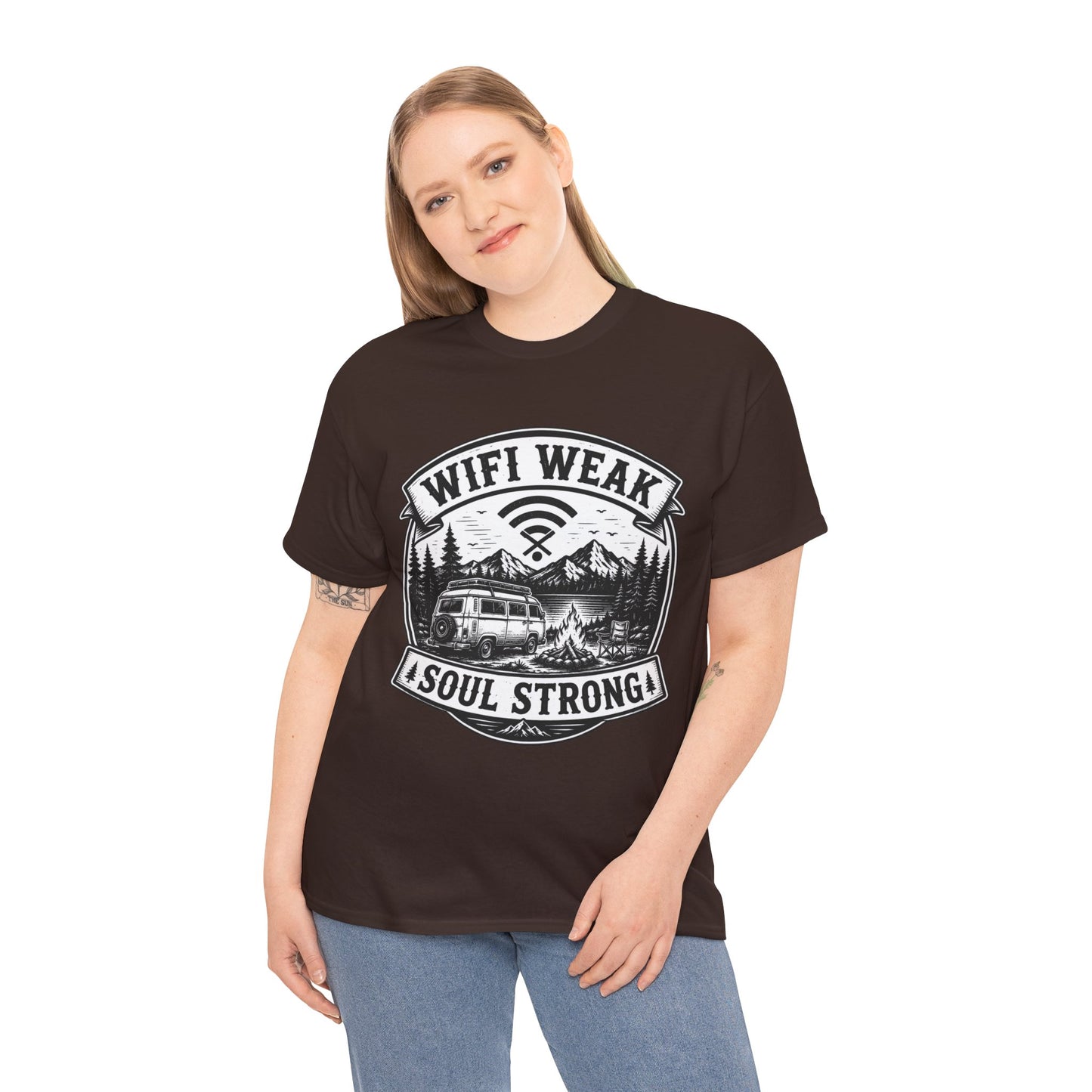 Camping T-Shirt — "WiFi Weak, Soul Strong" Retro Outdoor Adventure Tee