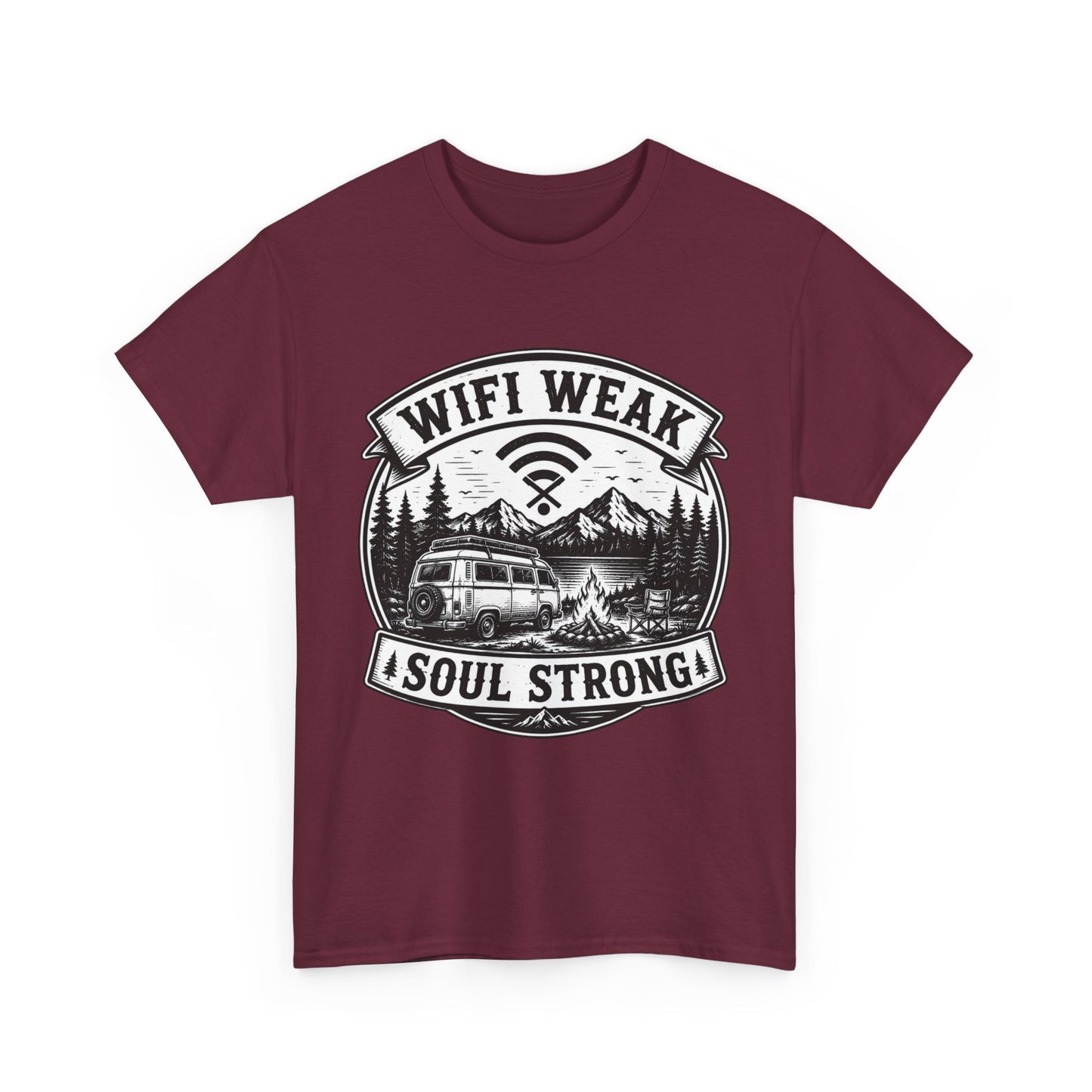 Camping T-Shirt — "WiFi Weak, Soul Strong" Retro Outdoor Adventure Tee