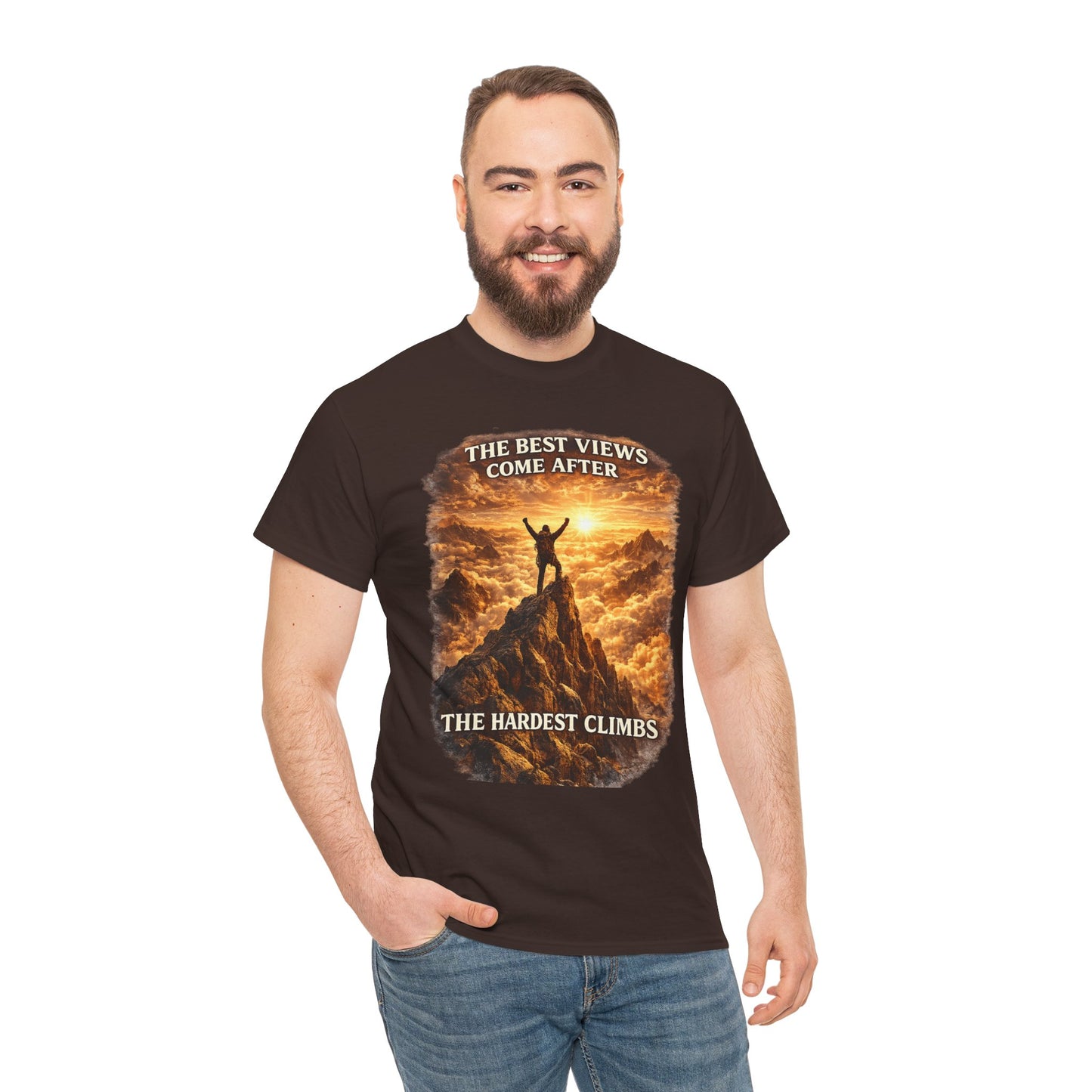 Mountain Hiking Motivation T-Shirt – “The Best Views Come After The Hardest Climbs” Adventure Tee