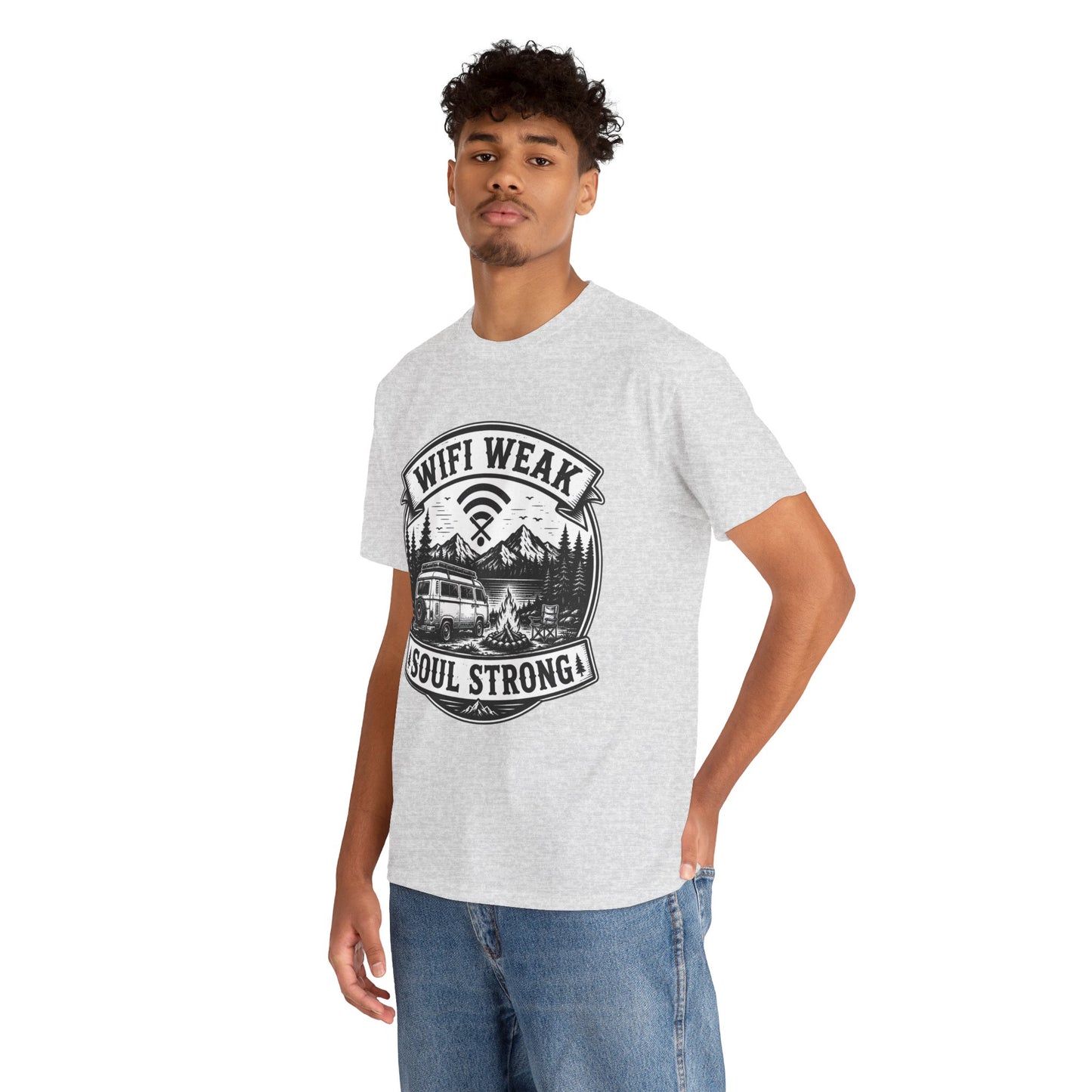 Camping T-Shirt — "WiFi Weak, Soul Strong" Retro Outdoor Adventure Tee