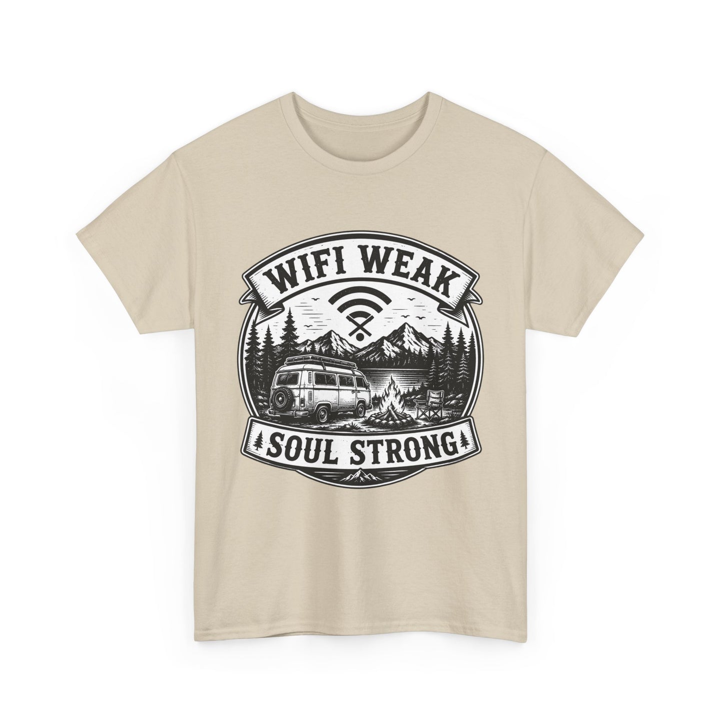 Camping T-Shirt — "WiFi Weak, Soul Strong" Retro Outdoor Adventure Tee