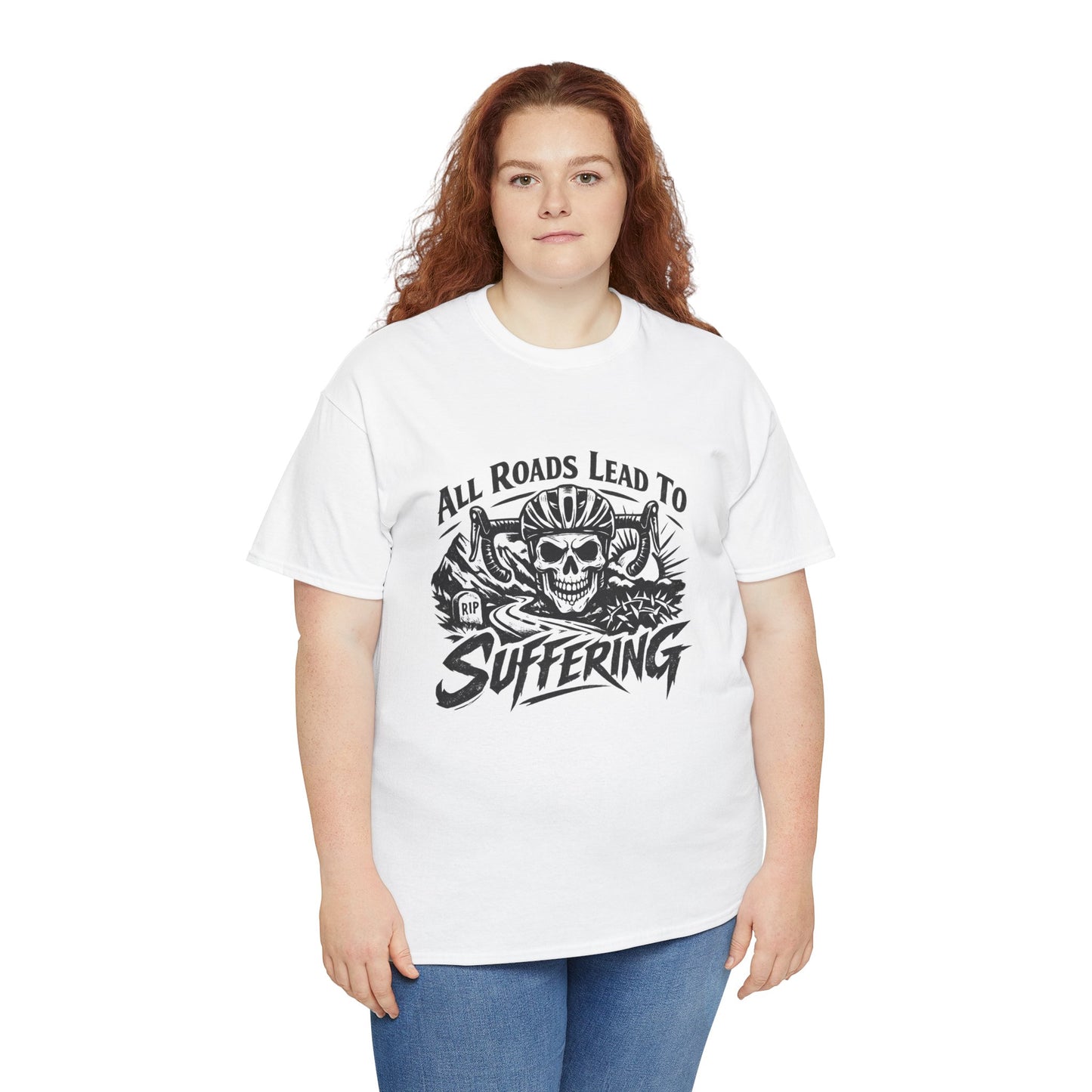 Skull Biker Tee — "All Roads Lead to Suffering" Graphic T‑Shirt