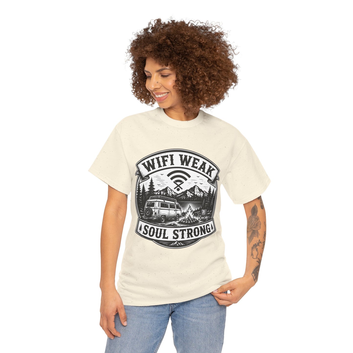 Camping T-Shirt — "WiFi Weak, Soul Strong" Retro Outdoor Adventure Tee