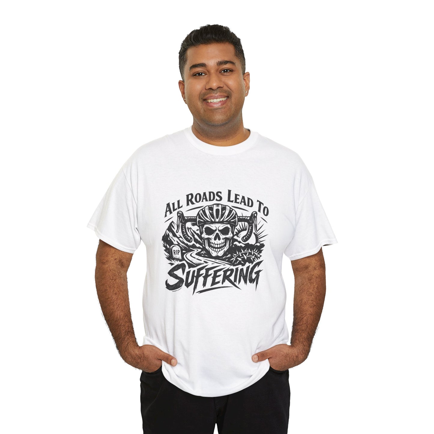 Skull Biker Tee — "All Roads Lead to Suffering" Graphic T‑Shirt