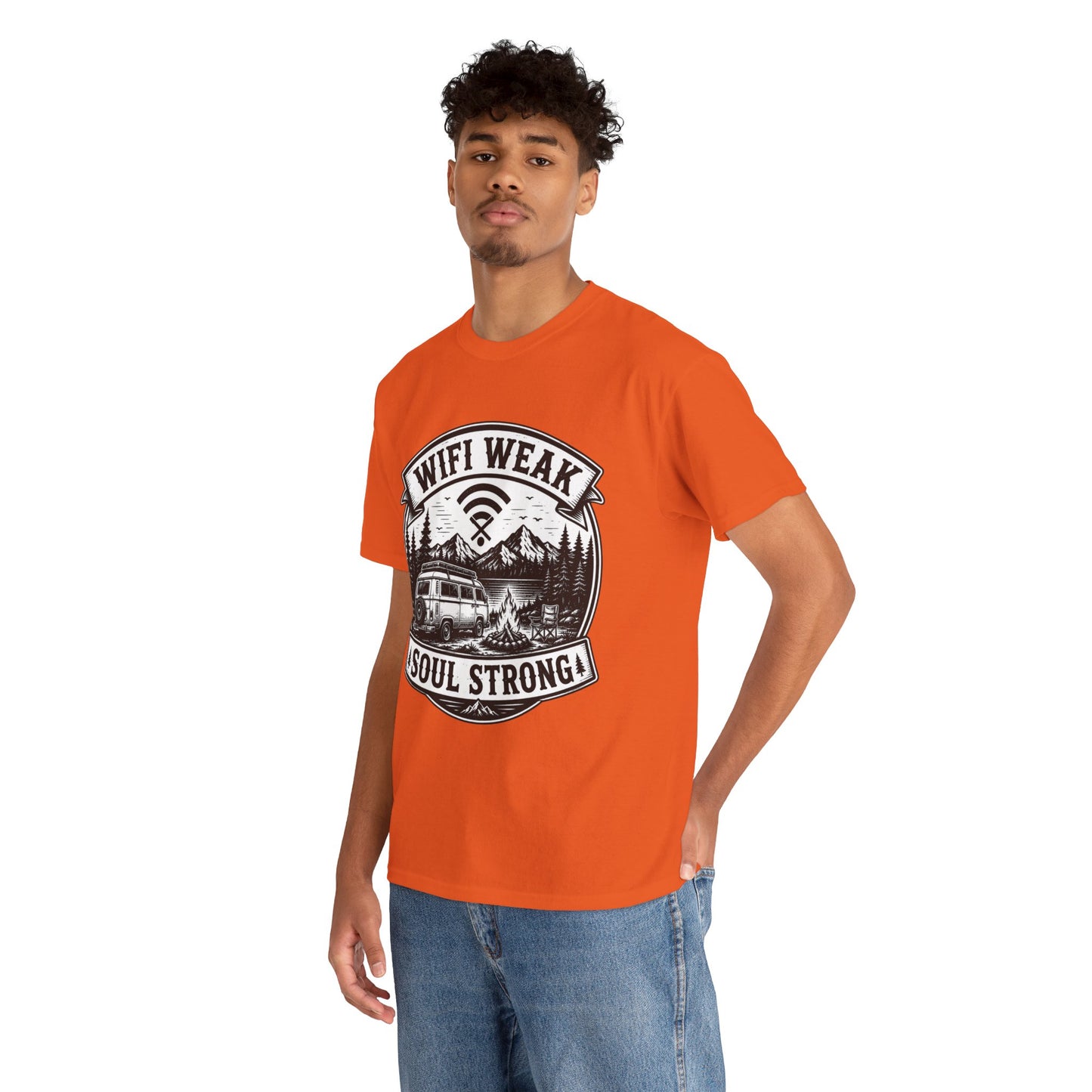 Camping T-Shirt — "WiFi Weak, Soul Strong" Retro Outdoor Adventure Tee