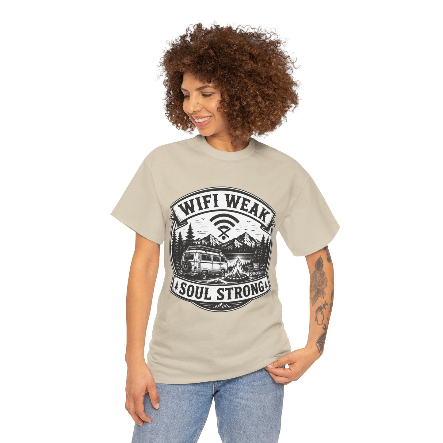 Camping T-Shirt — "WiFi Weak, Soul Strong" Retro Outdoor Adventure Tee