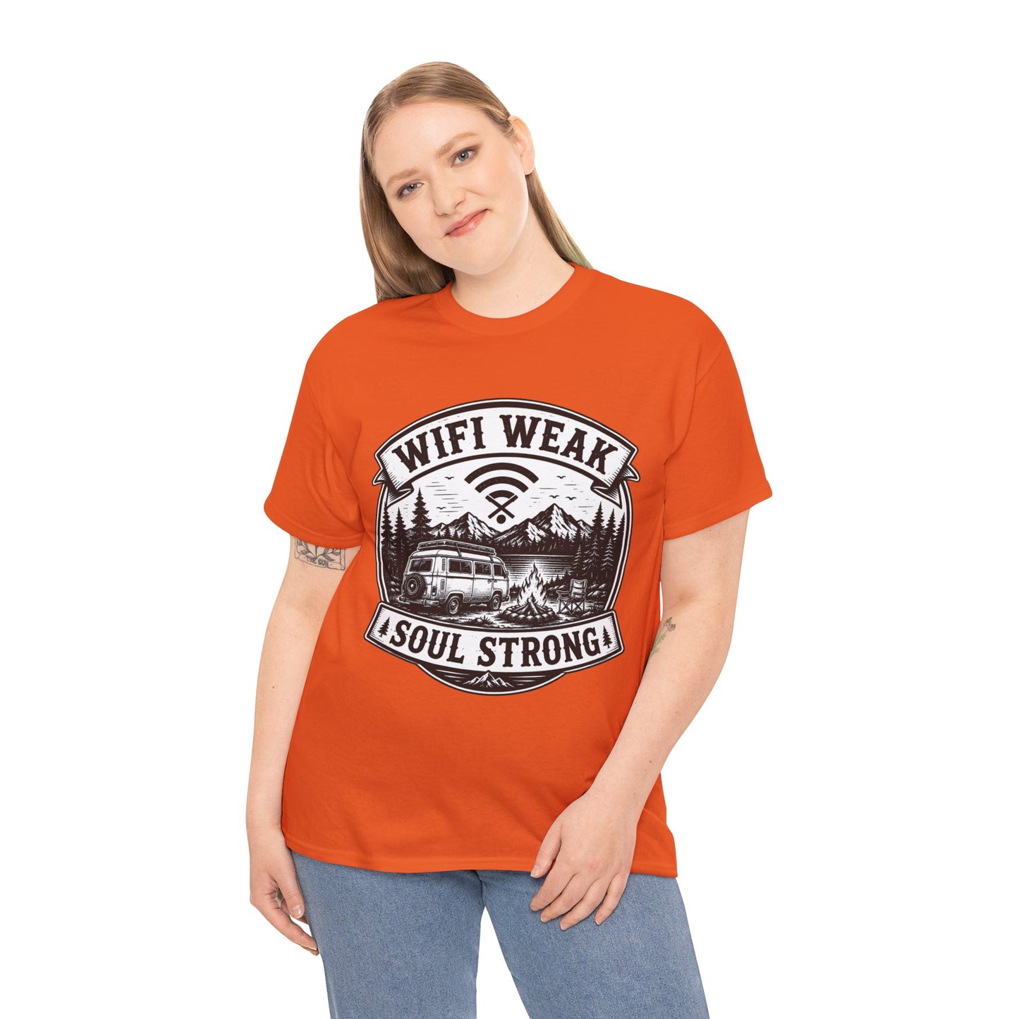 Camping T-Shirt — "WiFi Weak, Soul Strong" Retro Outdoor Adventure Tee