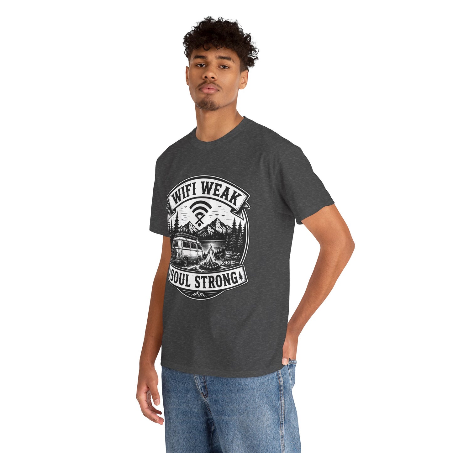 Camping T-Shirt — "WiFi Weak, Soul Strong" Retro Outdoor Adventure Tee