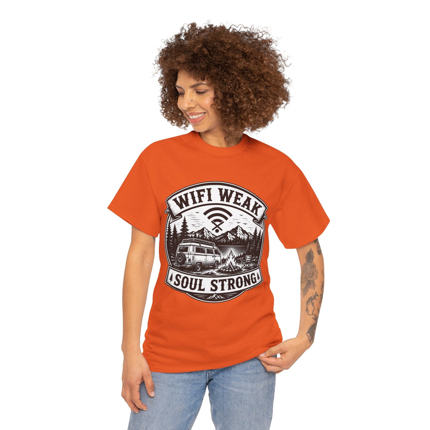 Camping T-Shirt — "WiFi Weak, Soul Strong" Retro Outdoor Adventure Tee