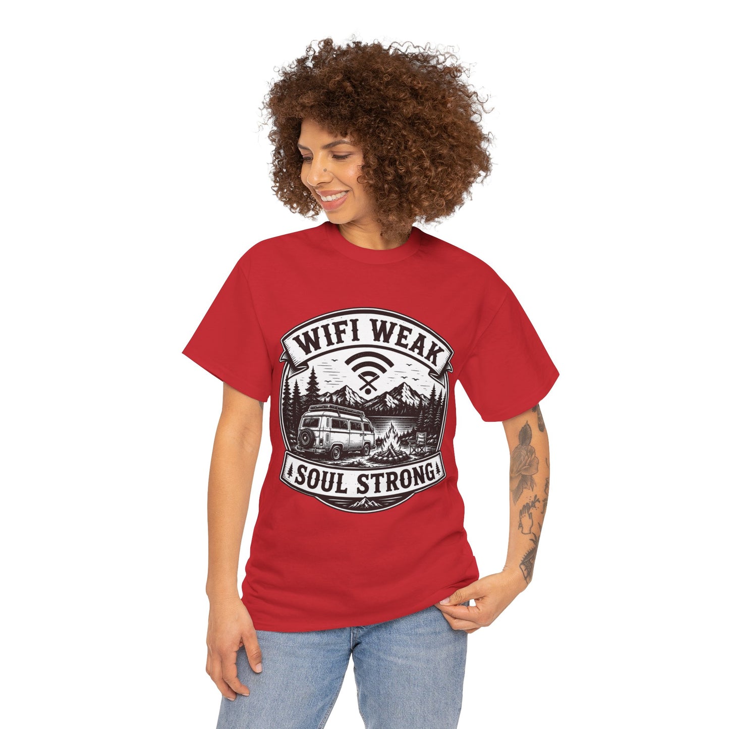 Camping T-Shirt — "WiFi Weak, Soul Strong" Retro Outdoor Adventure Tee