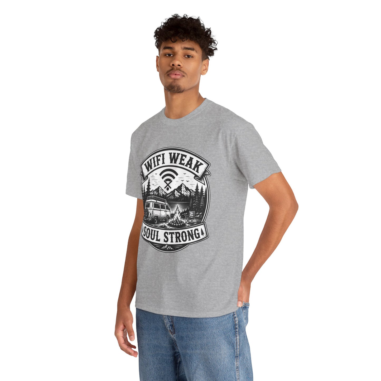 Camping T-Shirt — "WiFi Weak, Soul Strong" Retro Outdoor Adventure Tee