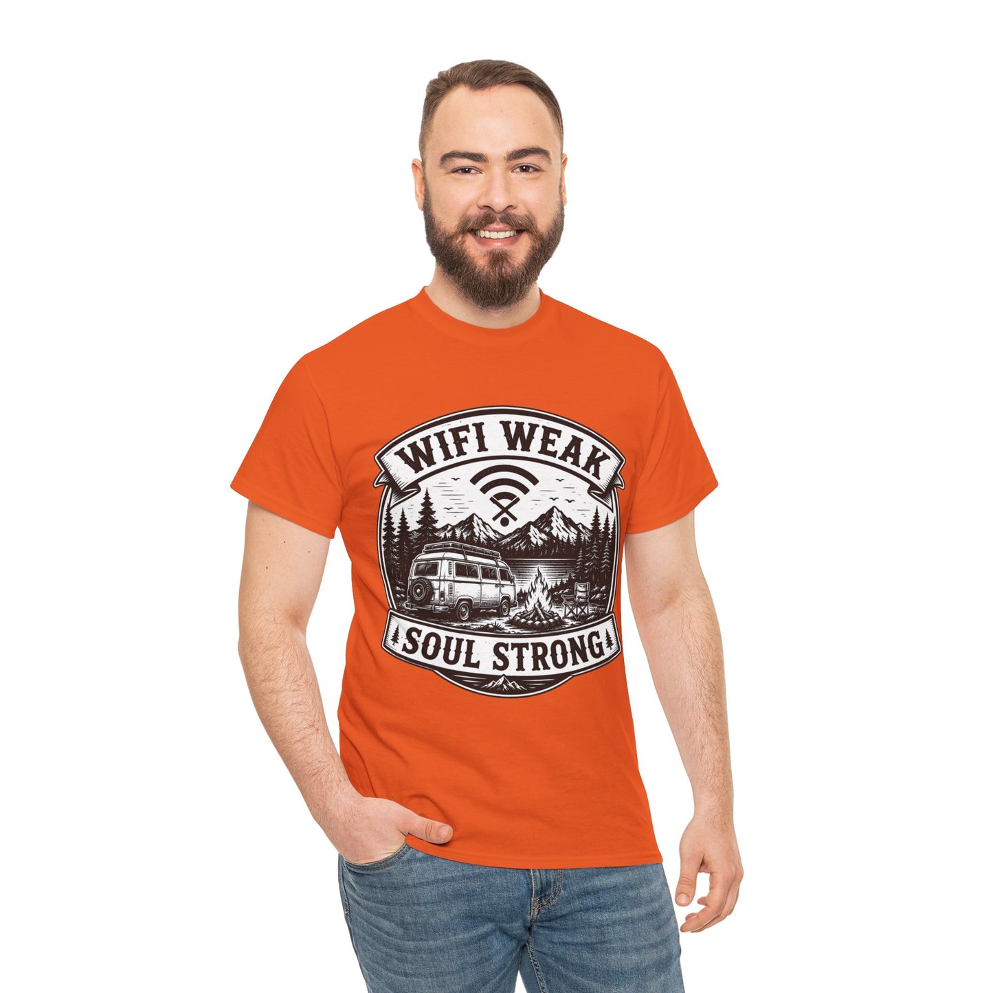 Camping T-Shirt — "WiFi Weak, Soul Strong" Retro Outdoor Adventure Tee