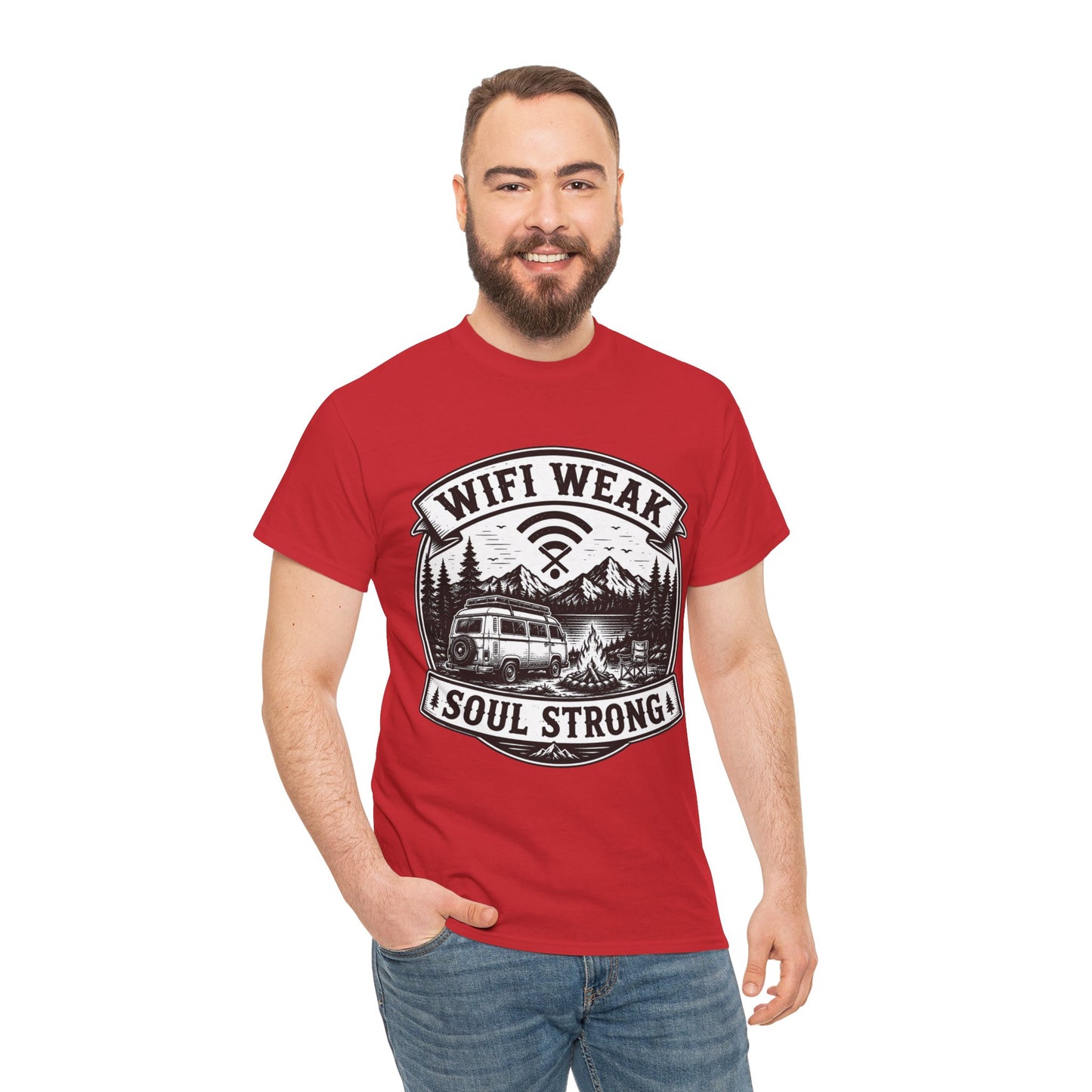 Camping T-Shirt — "WiFi Weak, Soul Strong" Retro Outdoor Adventure Tee