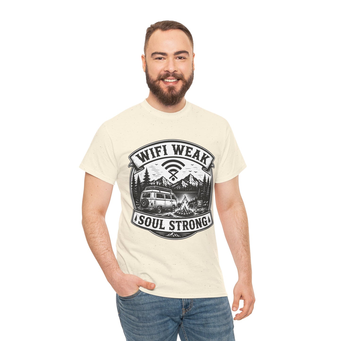 Camping T-Shirt — "WiFi Weak, Soul Strong" Retro Outdoor Adventure Tee