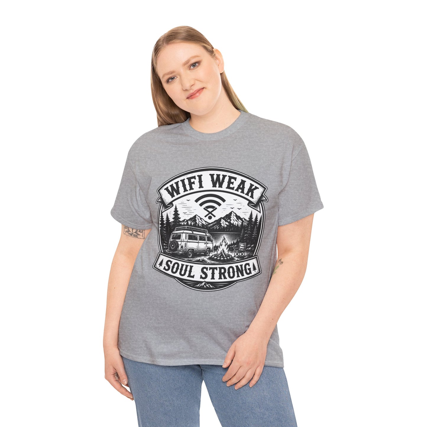 Camping T-Shirt — "WiFi Weak, Soul Strong" Retro Outdoor Adventure Tee